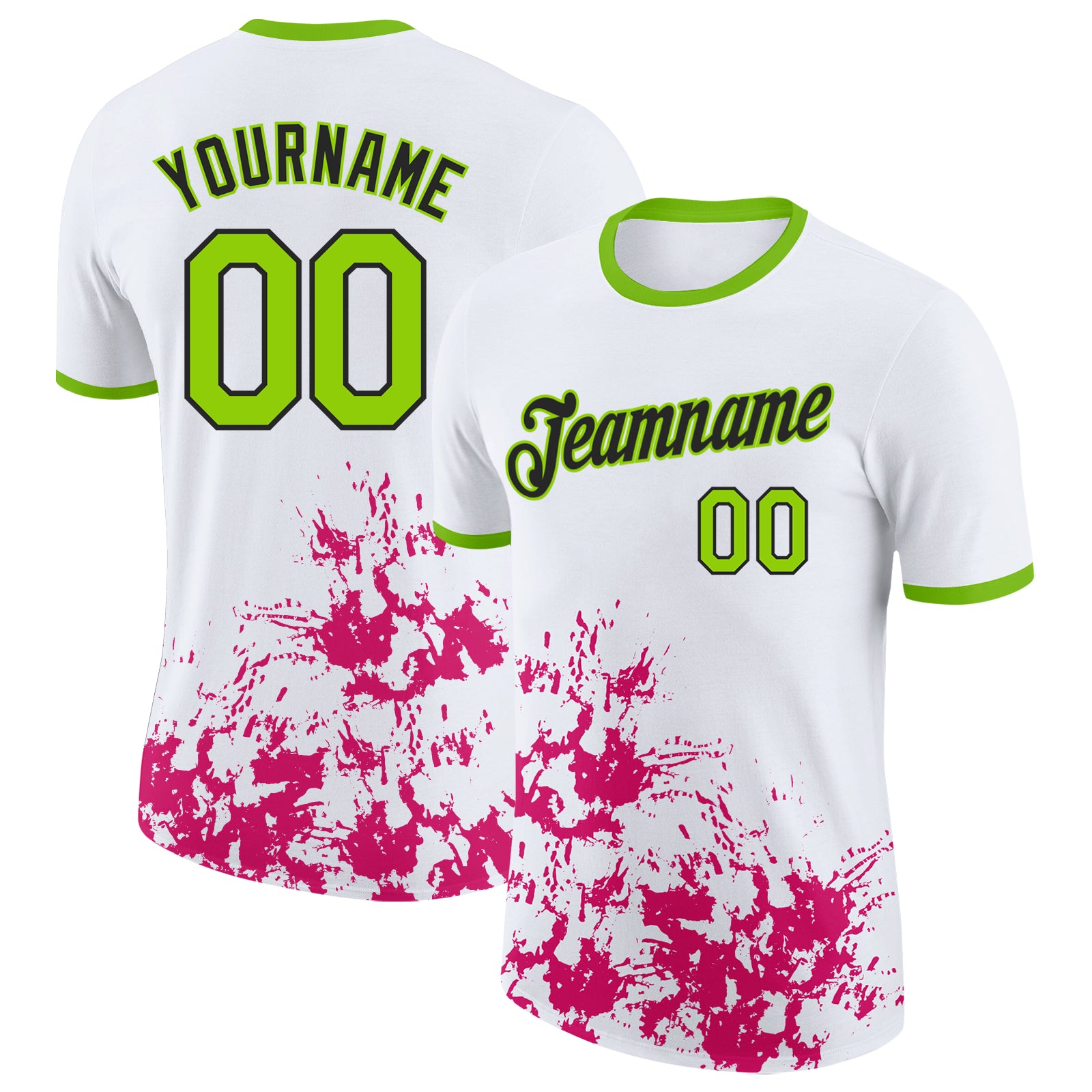 Custom White Neon Green Hot Pink-Black Brush Stroke Splatter Performance T-Shirt
