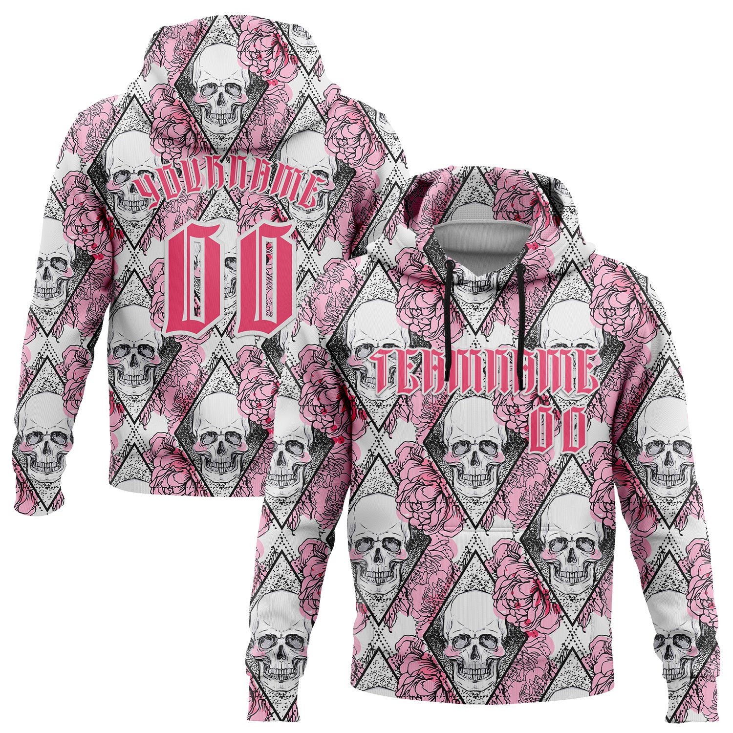 Custom White Neon Pink-Black 3D Skull Roses Gothic Geometric Diamond Grid Sports Pullover Sweatshirt Hoodie