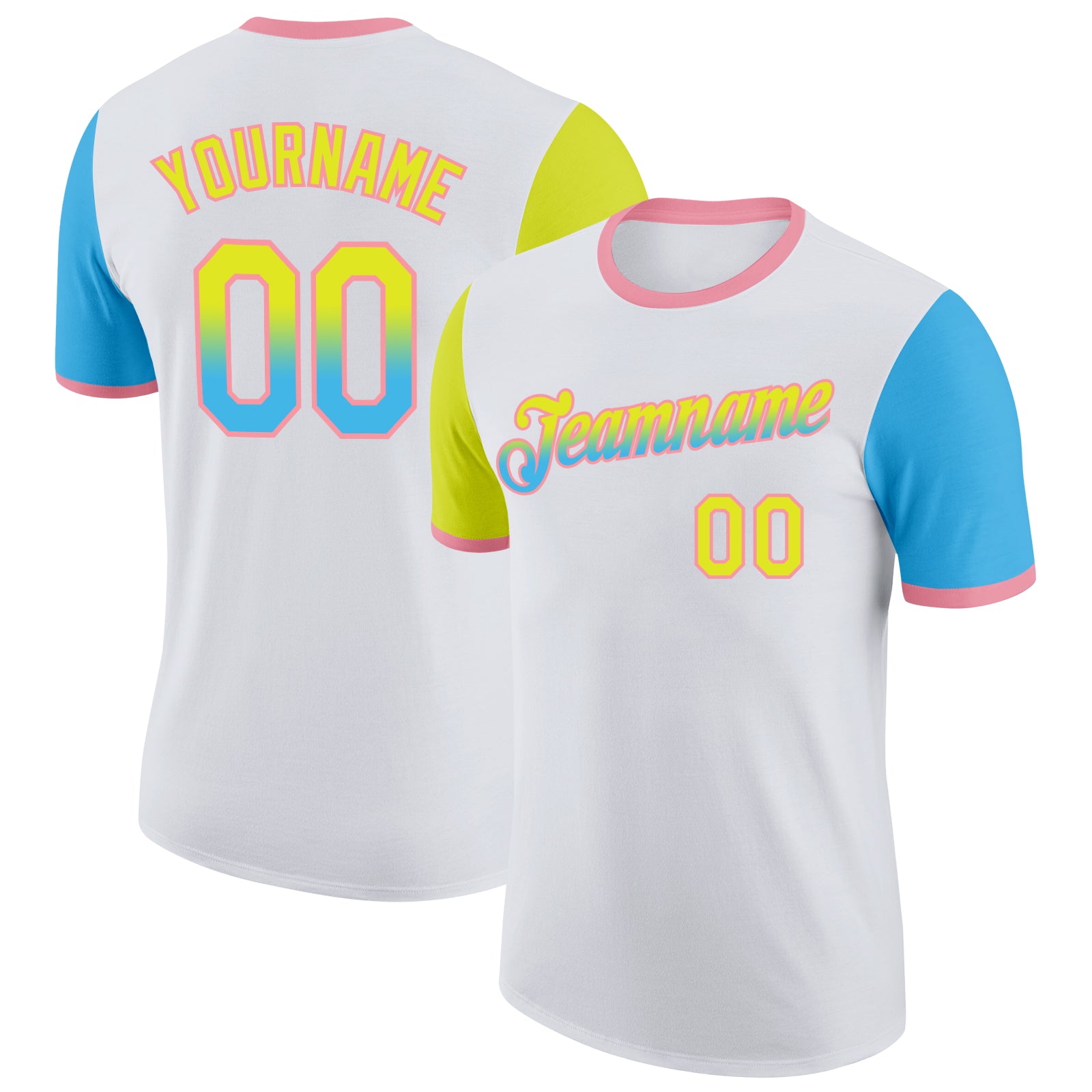 Custom White Neon Yellow Sky Blue-Medium Pink Gradient Two Tone Performance T-Shirt