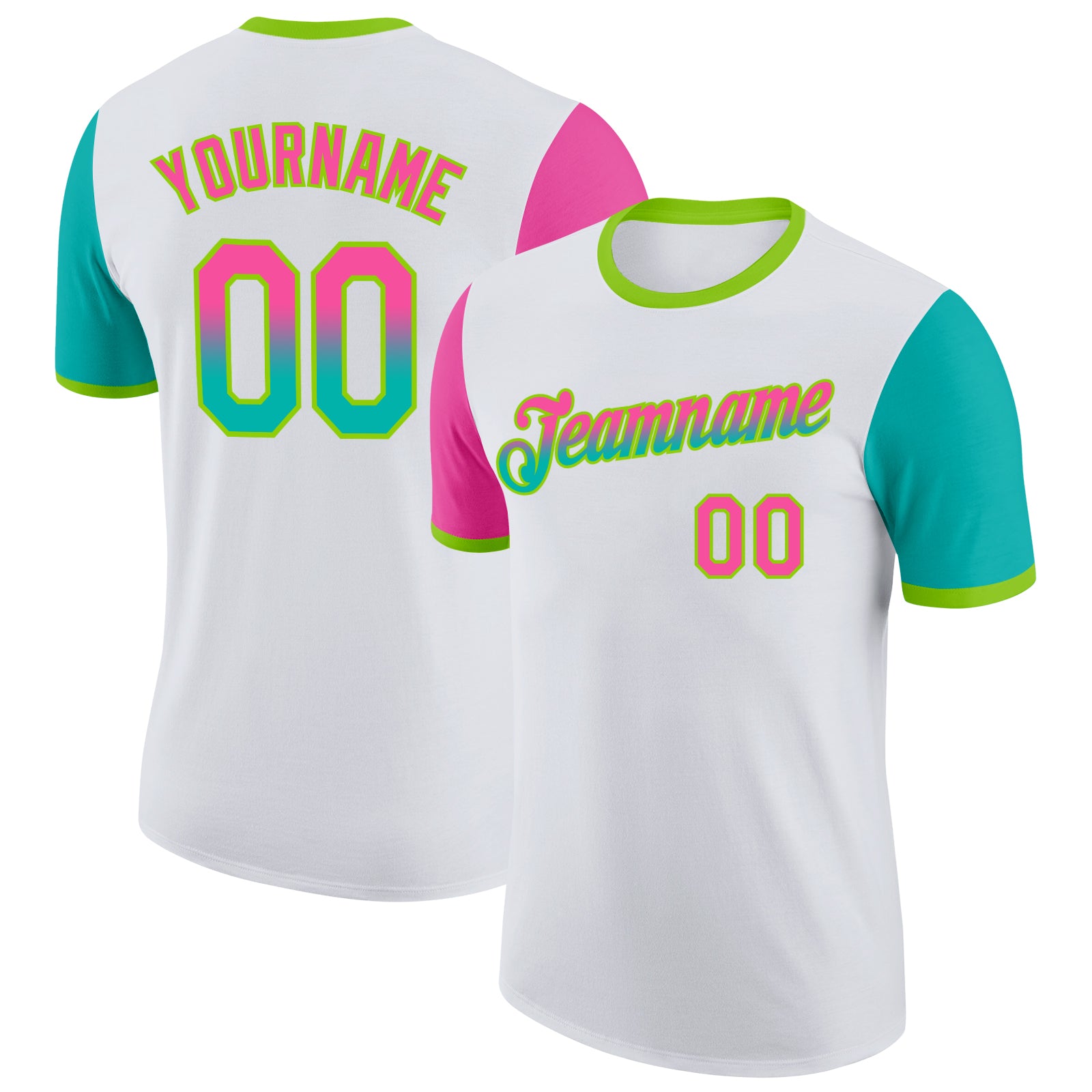 Custom White Pink Aqua-Neon Green Gradient Two Tone Performance T-Shirt