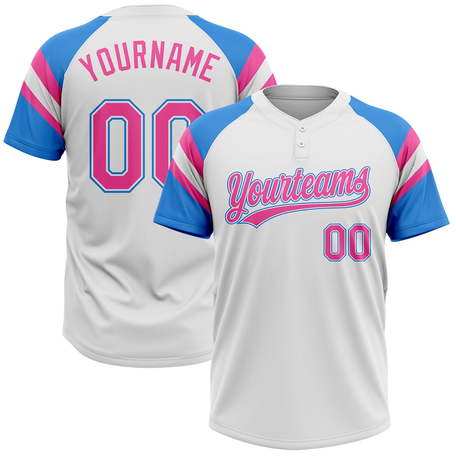 Custom White Pink-Electric Blue Raglan Sleeves Stripes Two-Button Unisex Softball Jersey