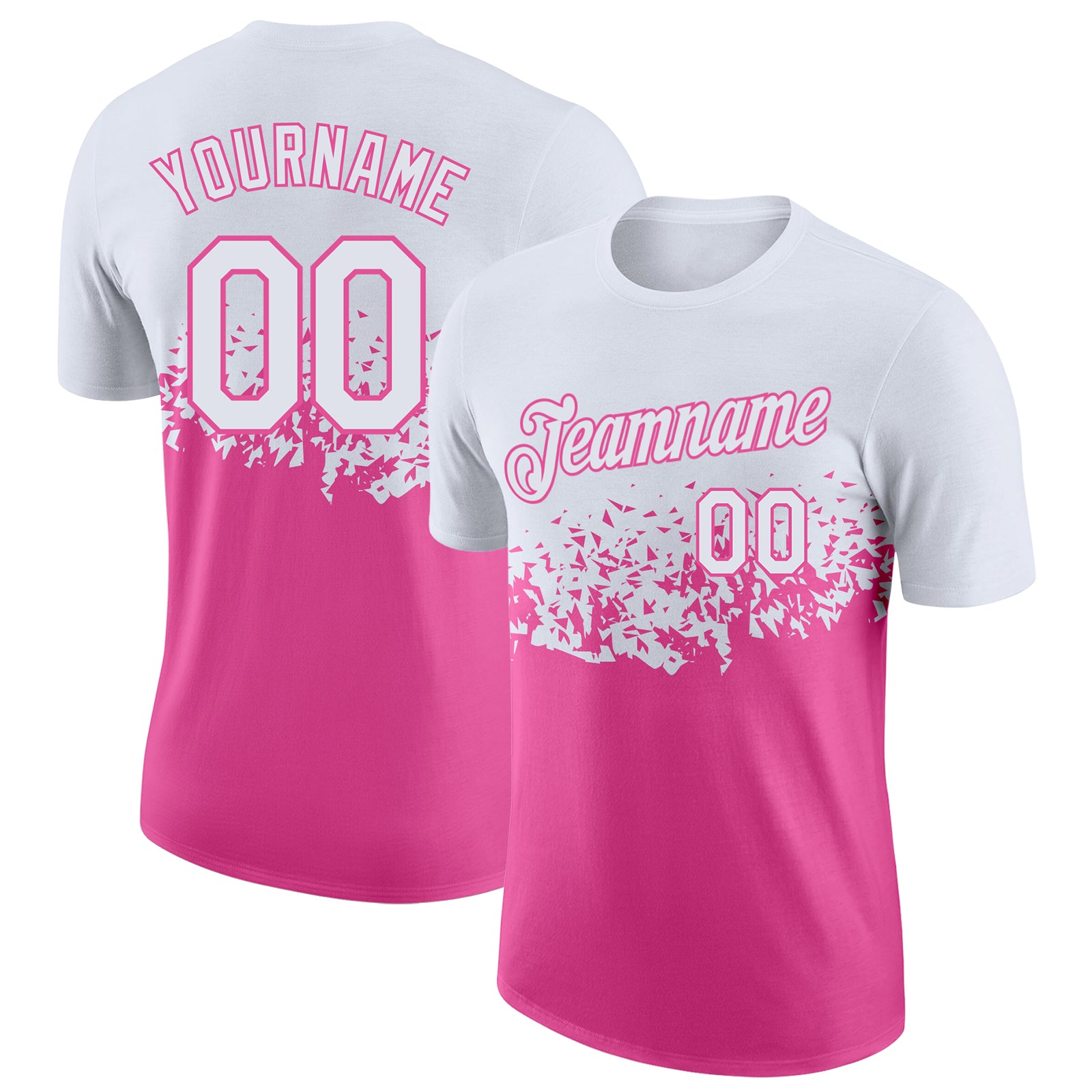 Custom White-Pink Fade Geometric Splatter Fragmented Shards Performance T-Shirt