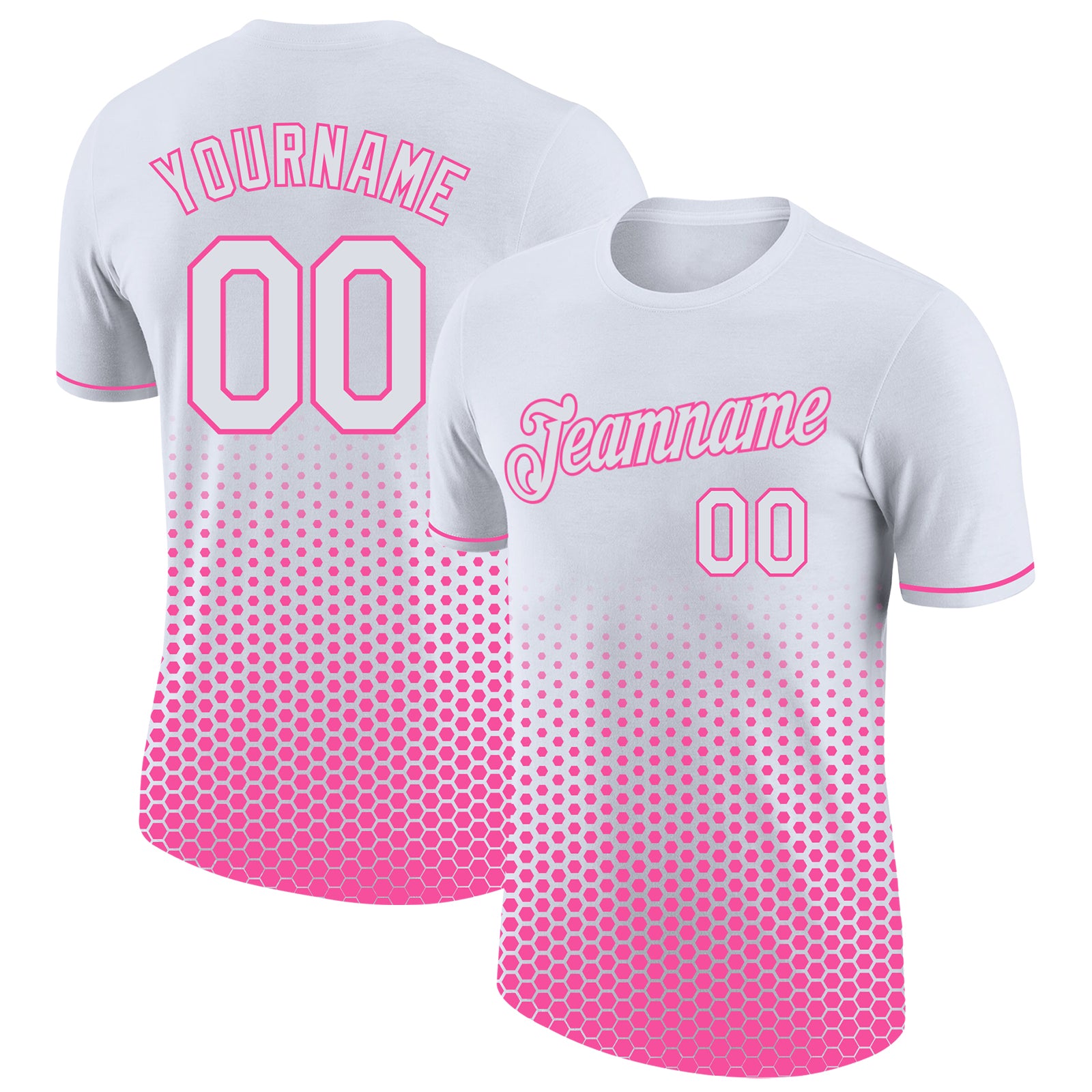 Custom White-Pink Geometric Hexagonal Dot Gradient Performance T-Shirt