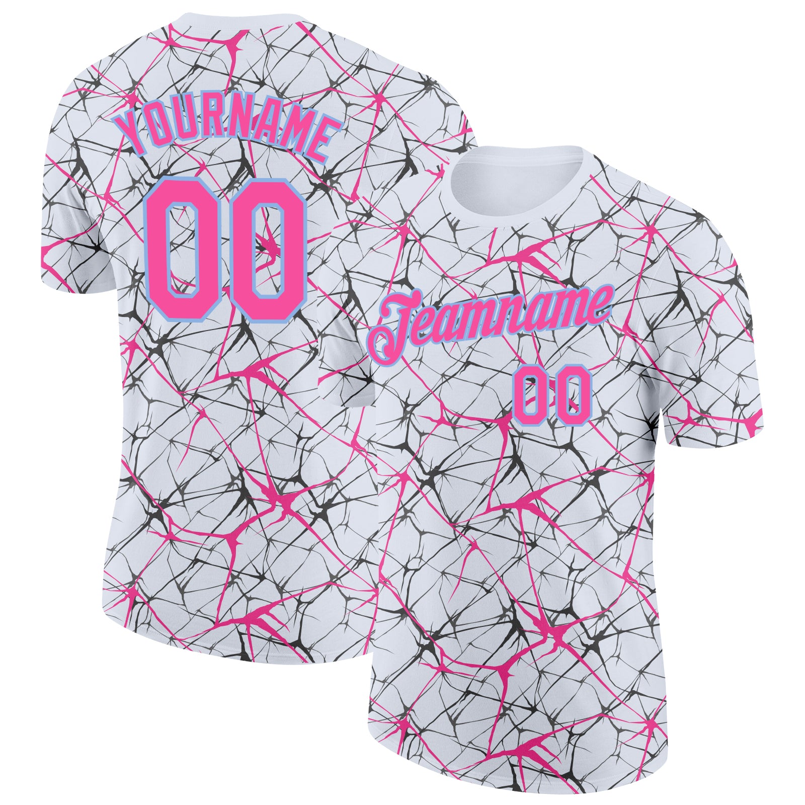 Custom White Pink Gray-Light Blue Abstract Network Crackle Performance T-Shirt