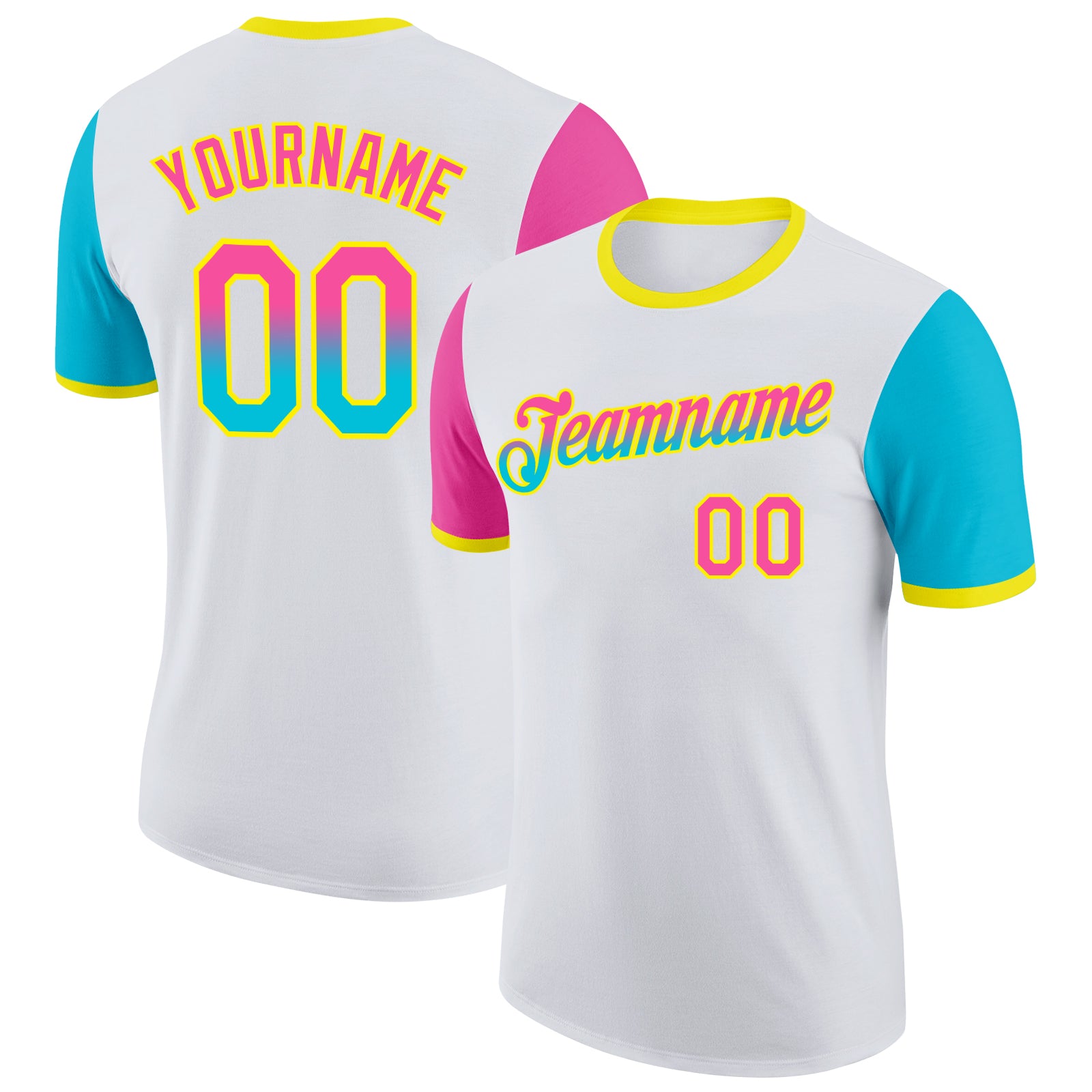 Custom White Pink Lakes Blue-Light Yellow Gradient Two Tone Performance T-Shirt