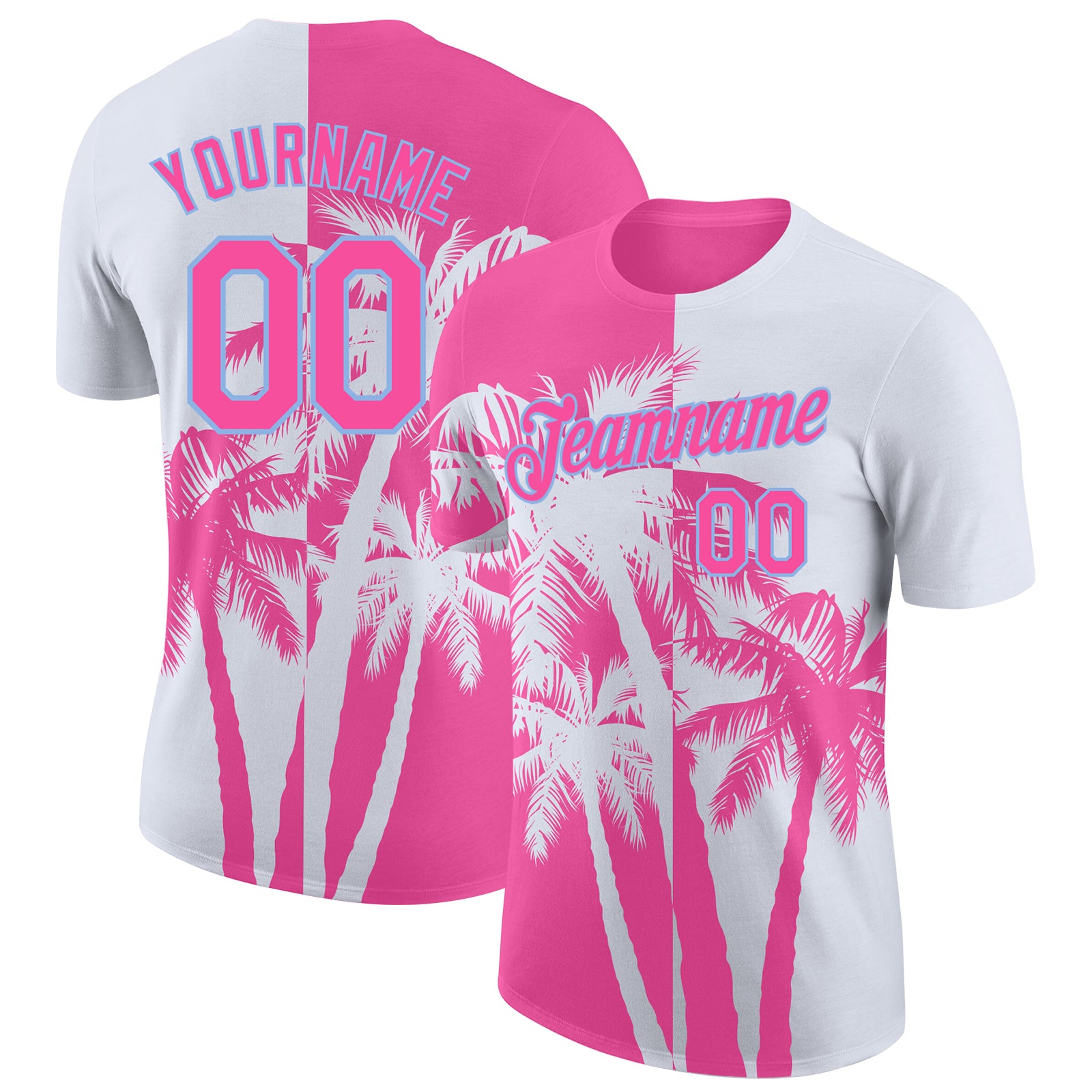 Custom White Pink-Light Blue Hawaii Tropical Coastal Palm Trees Performance T-Shirt