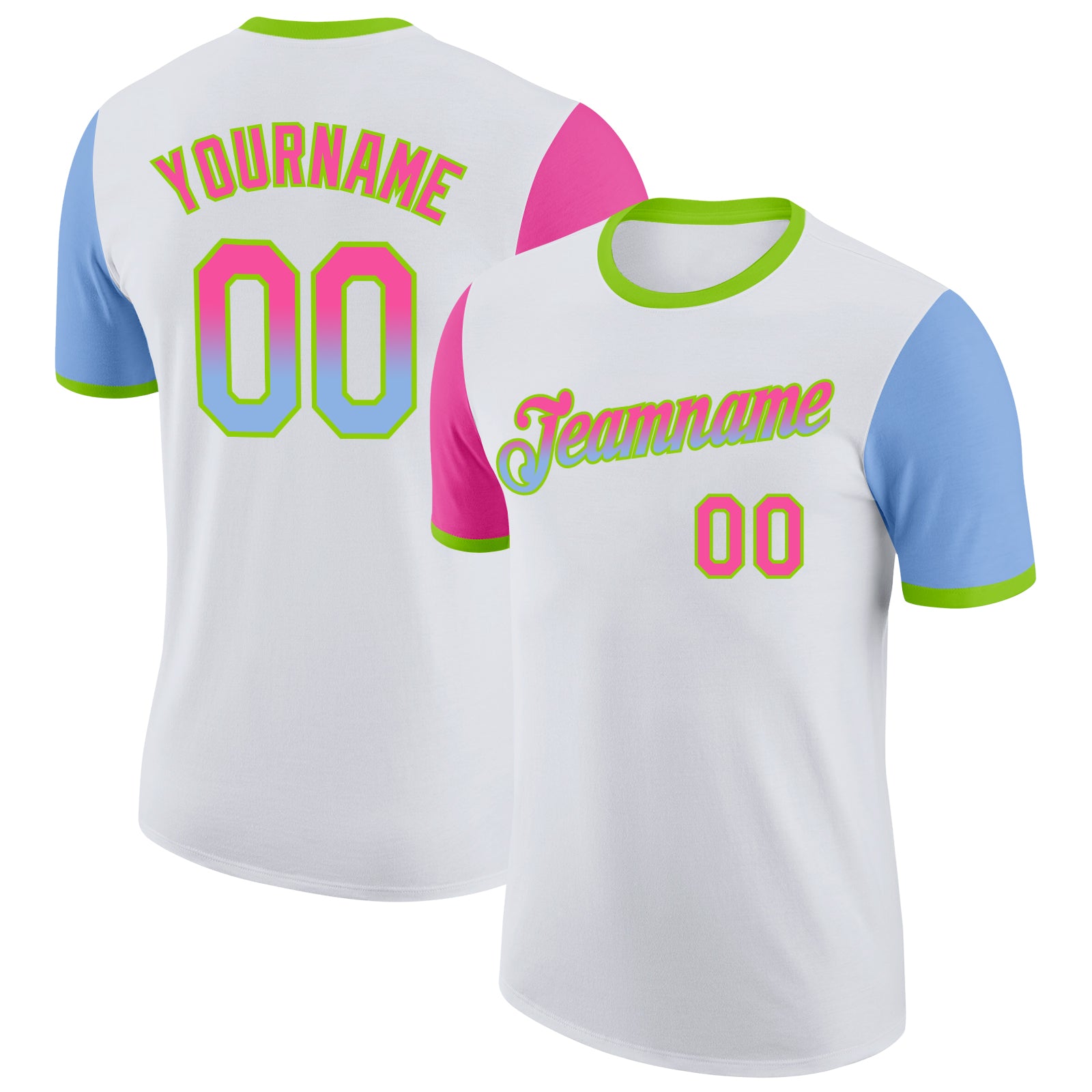 Custom White Pink Light Blue-Neon Green Gradient Two Tone Performance T-Shirt