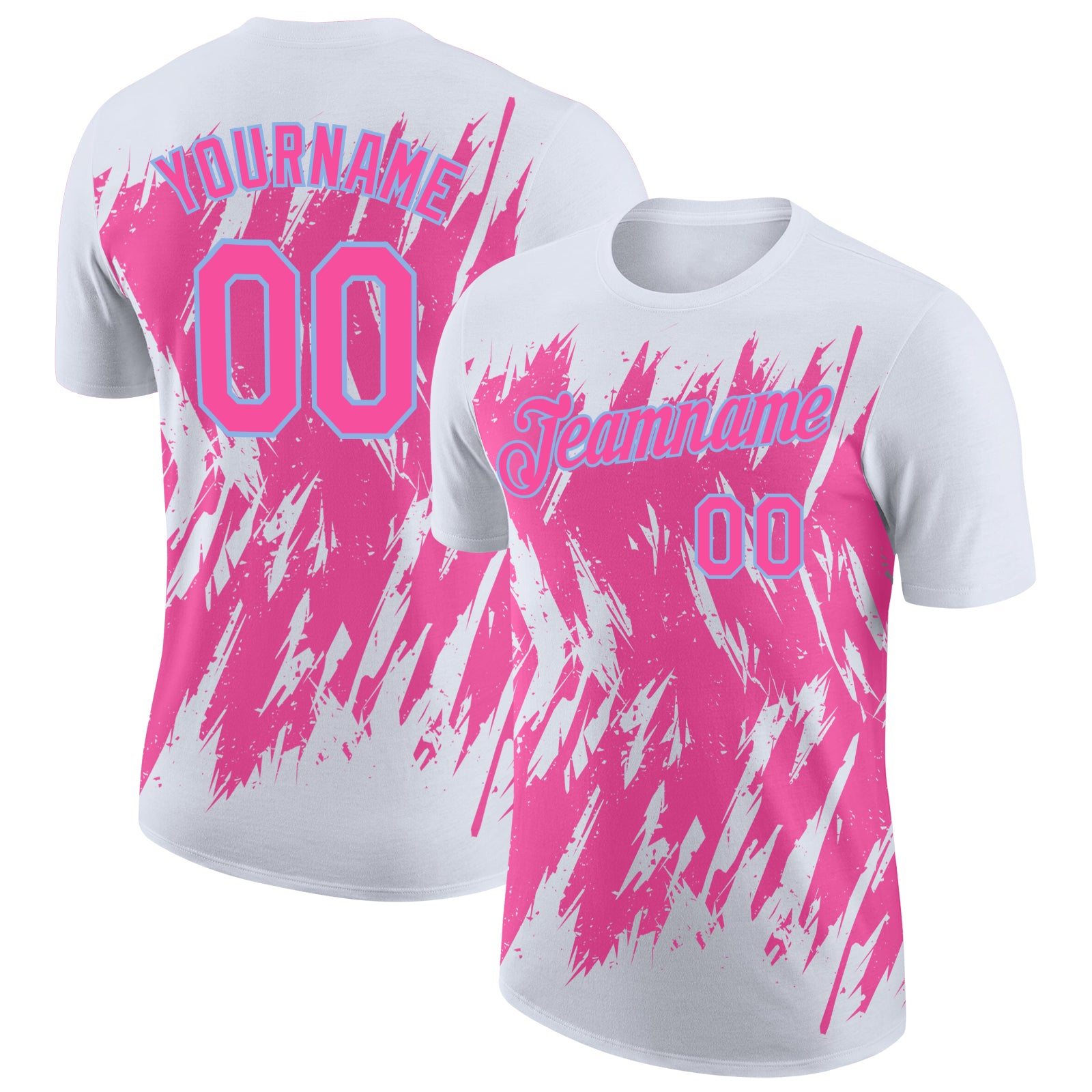 Custom White Pink-Light Blue Torn Sharp Brush Stroke Splatter Performance T-Shirt