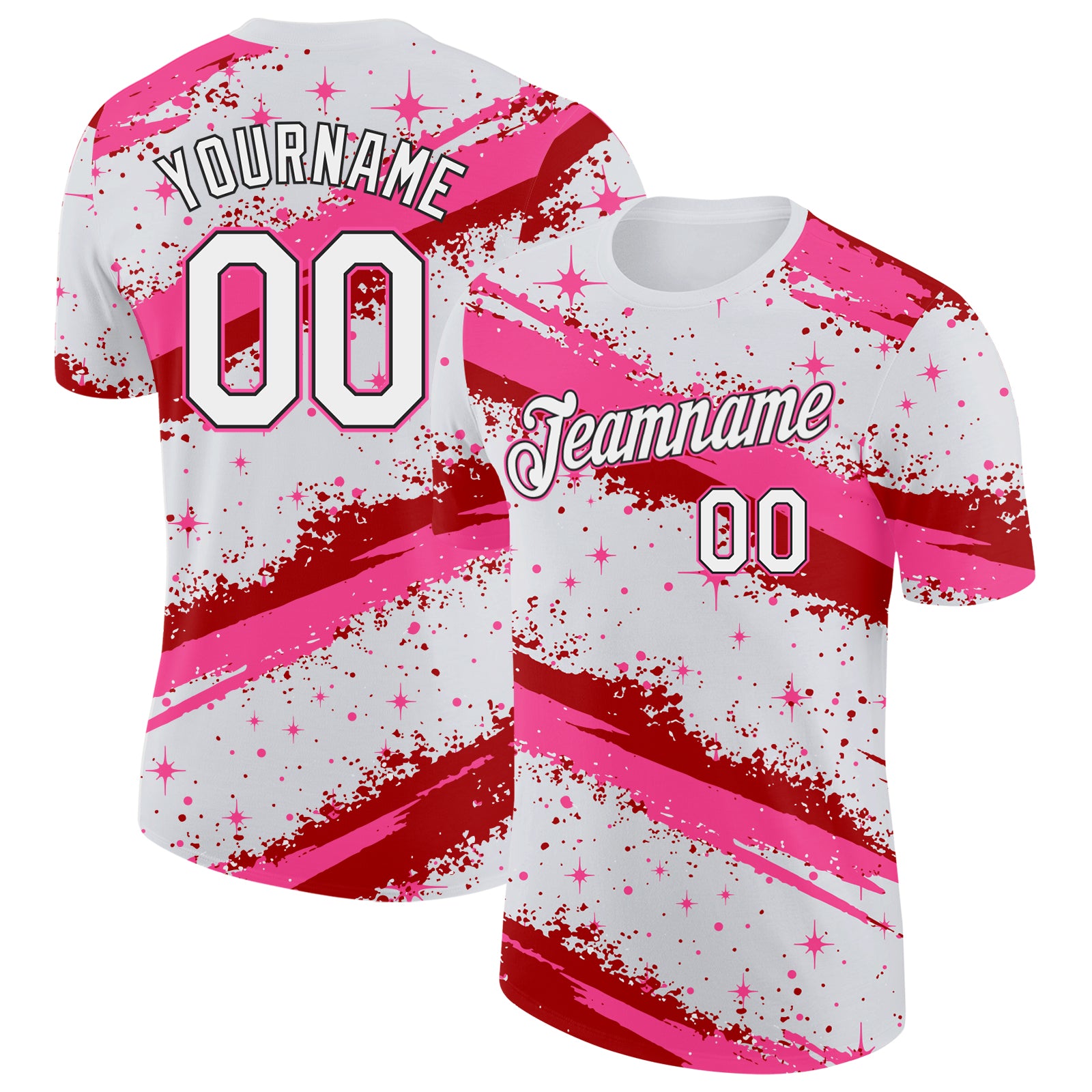 Custom White Pink Red-Black Brush Stroke Splatter Starburst Performance T-Shirt