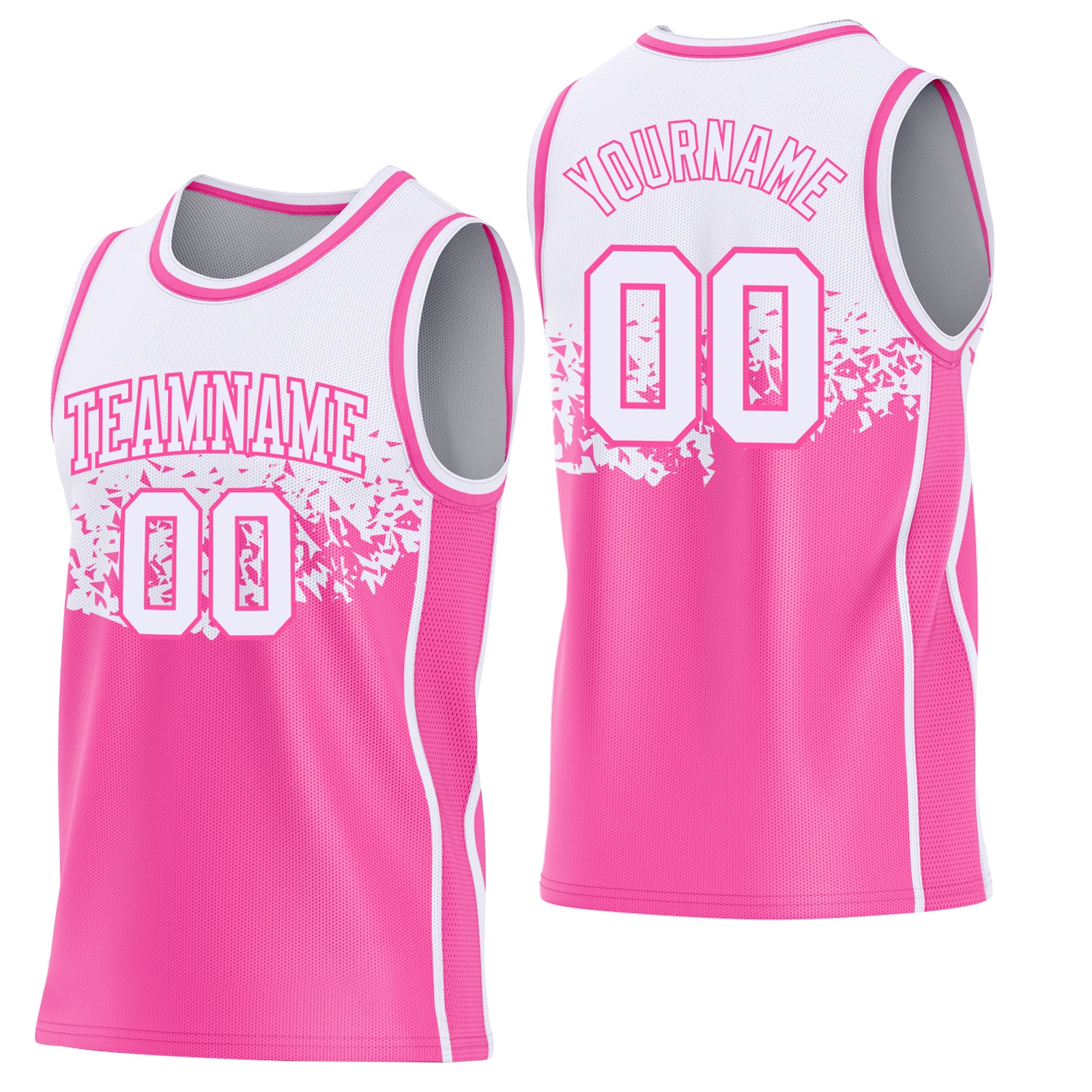 Custom White-Pink Shattered Geometric Side Panel Stripe Round Neck Sublimation Basketball Set Jersey