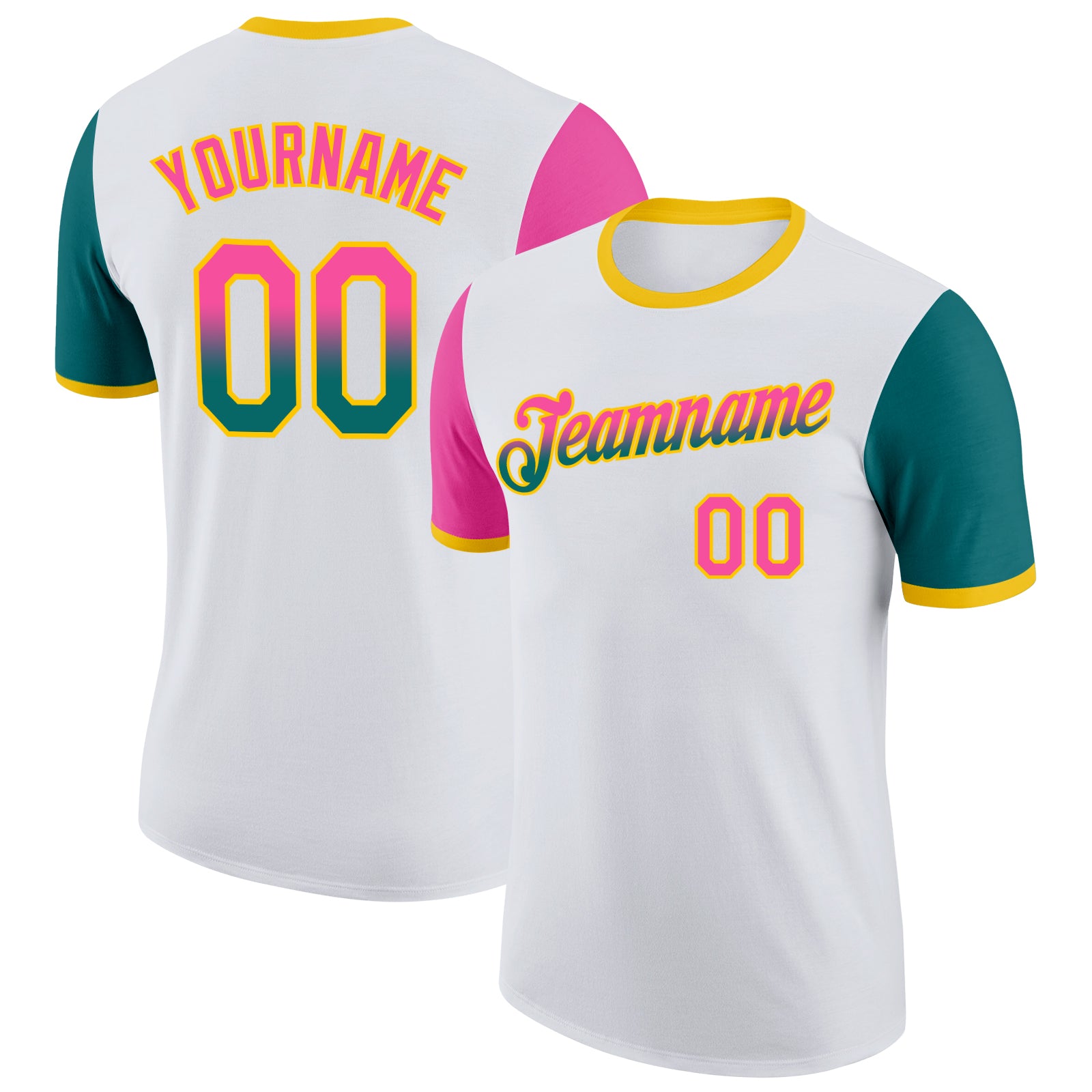 Custom White Pink Teal-Yellow Gradient Two Tone Performance T-Shirt