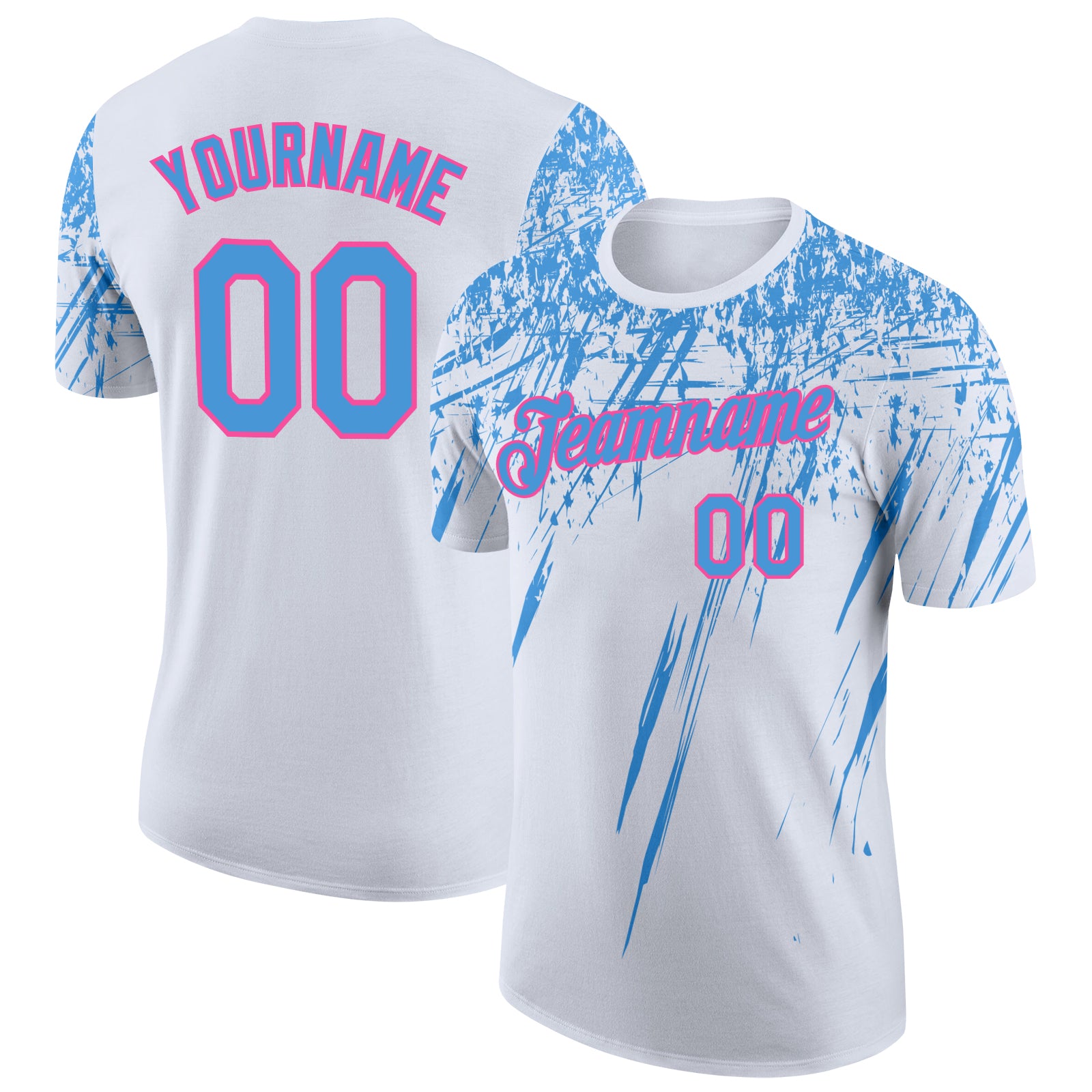 Custom White Powder Blue-Pink Distressed Scratch Brush Stroke Performance T-Shirt