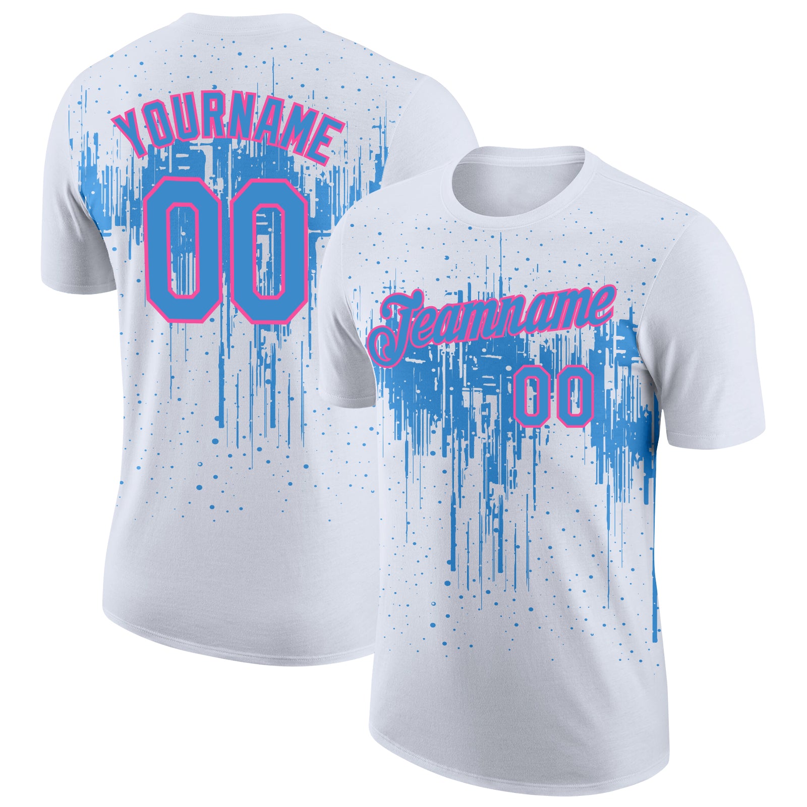 Custom White Powder Blue-Pink Dripping Splatter Paint Performance T-Shirt