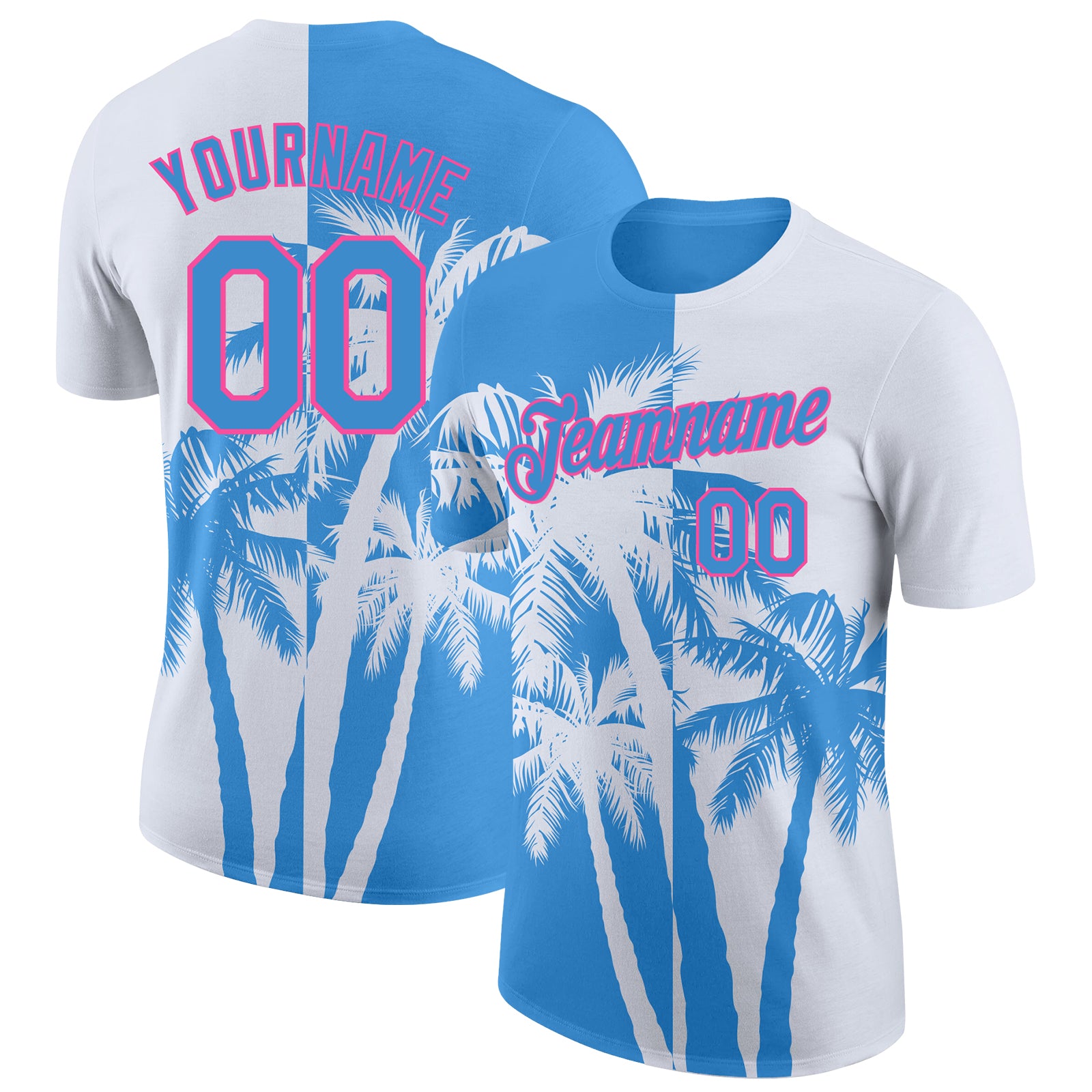 Custom White Powder Blue-Pink Hawaii Tropical Coastal Palm Trees Performance T-Shirt