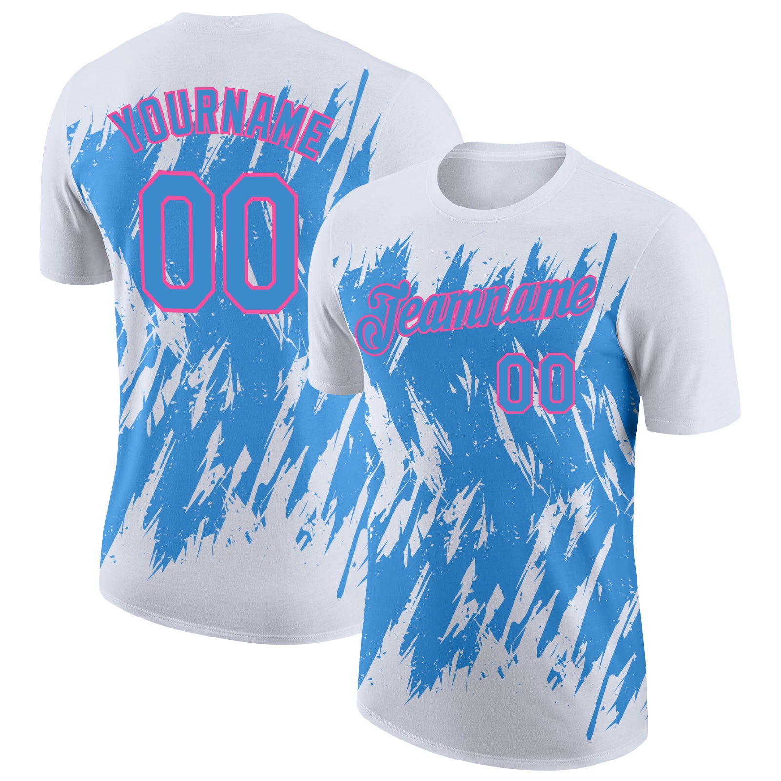 Custom White Powder Blue-Pink Torn Sharp Brush Stroke Splatter Performance T-Shirt