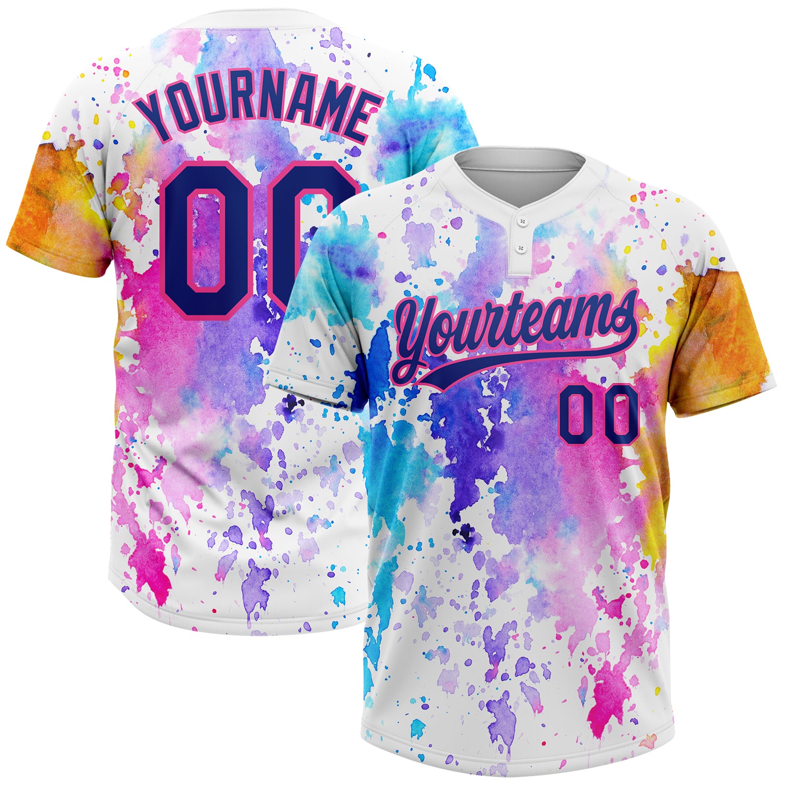 Custom White Royal-Pink Watercolor Spalsh Two-Button Unisex Softball Jersey