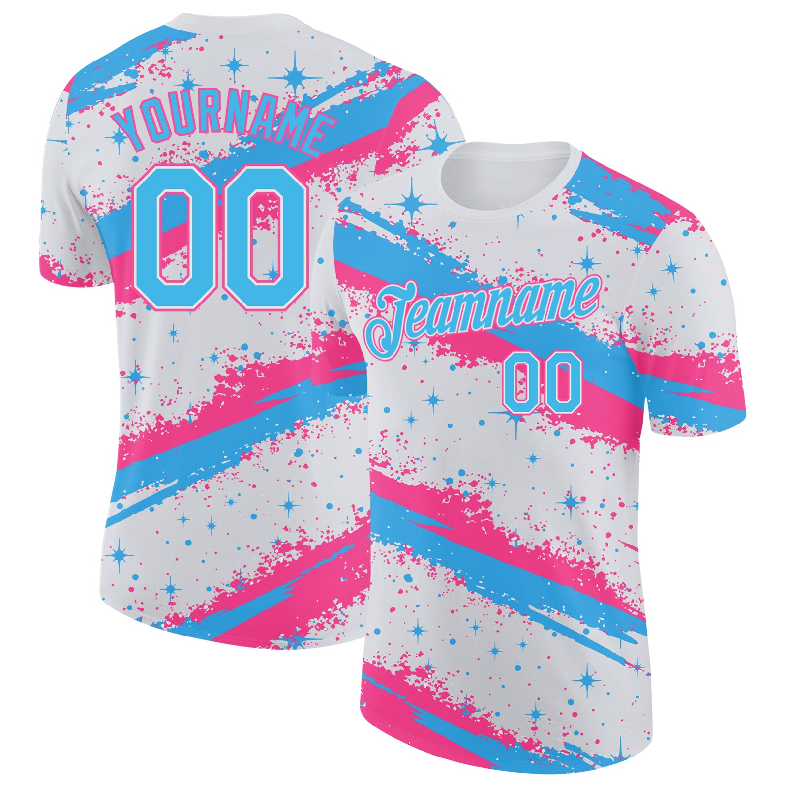 Custom White Sky Blue-Pink Brush Stroke Splatter Starburst Performance T-Shirt