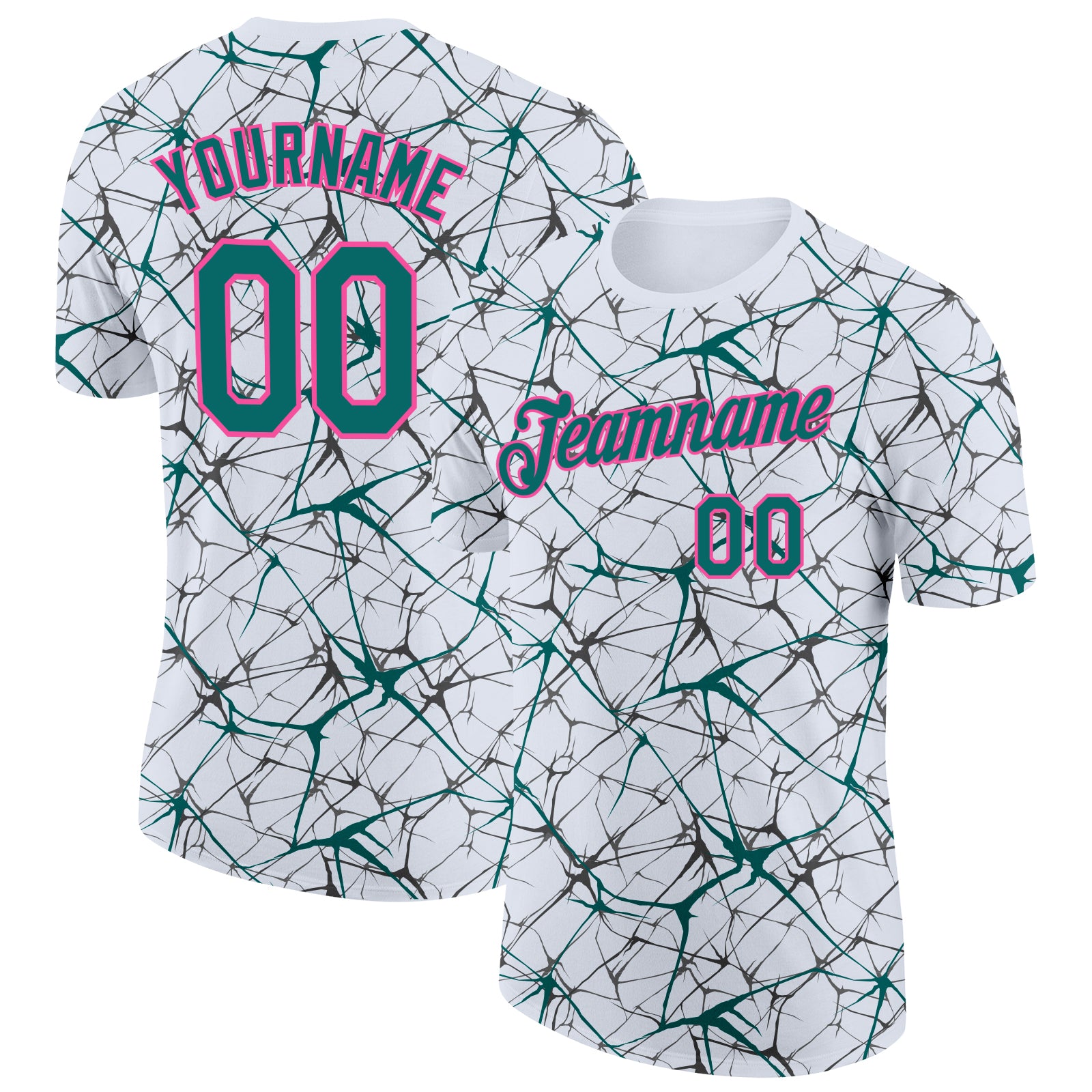 Custom White Teal Gray-Pink Abstract Network Crackle Performance T-Shirt