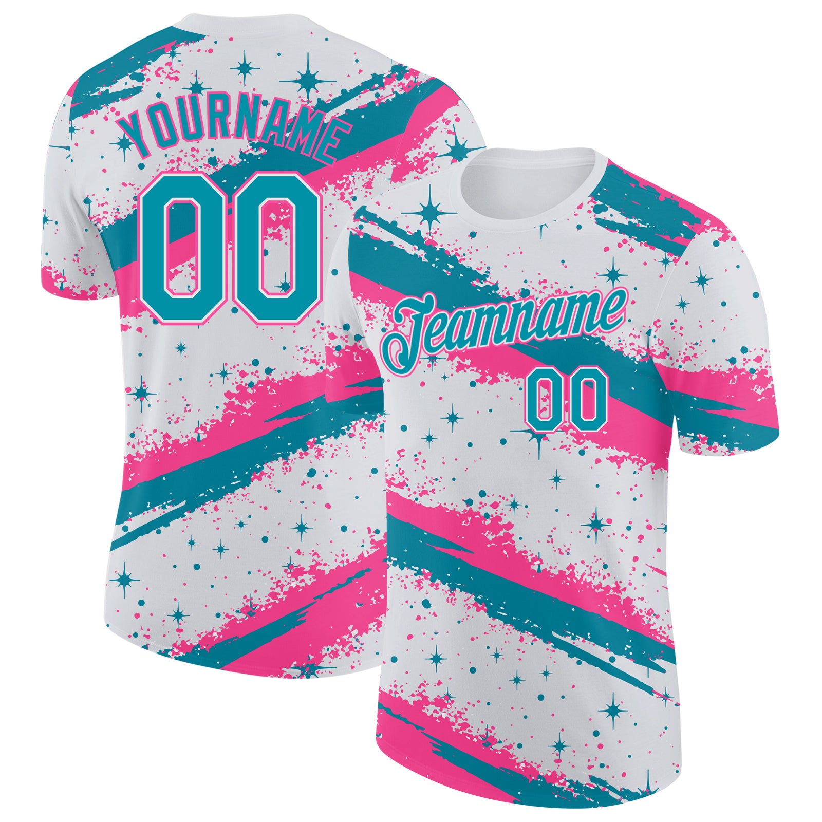 Custom White Teal-Pink Brush Stroke Splatter Starburst Performance T-Shirt