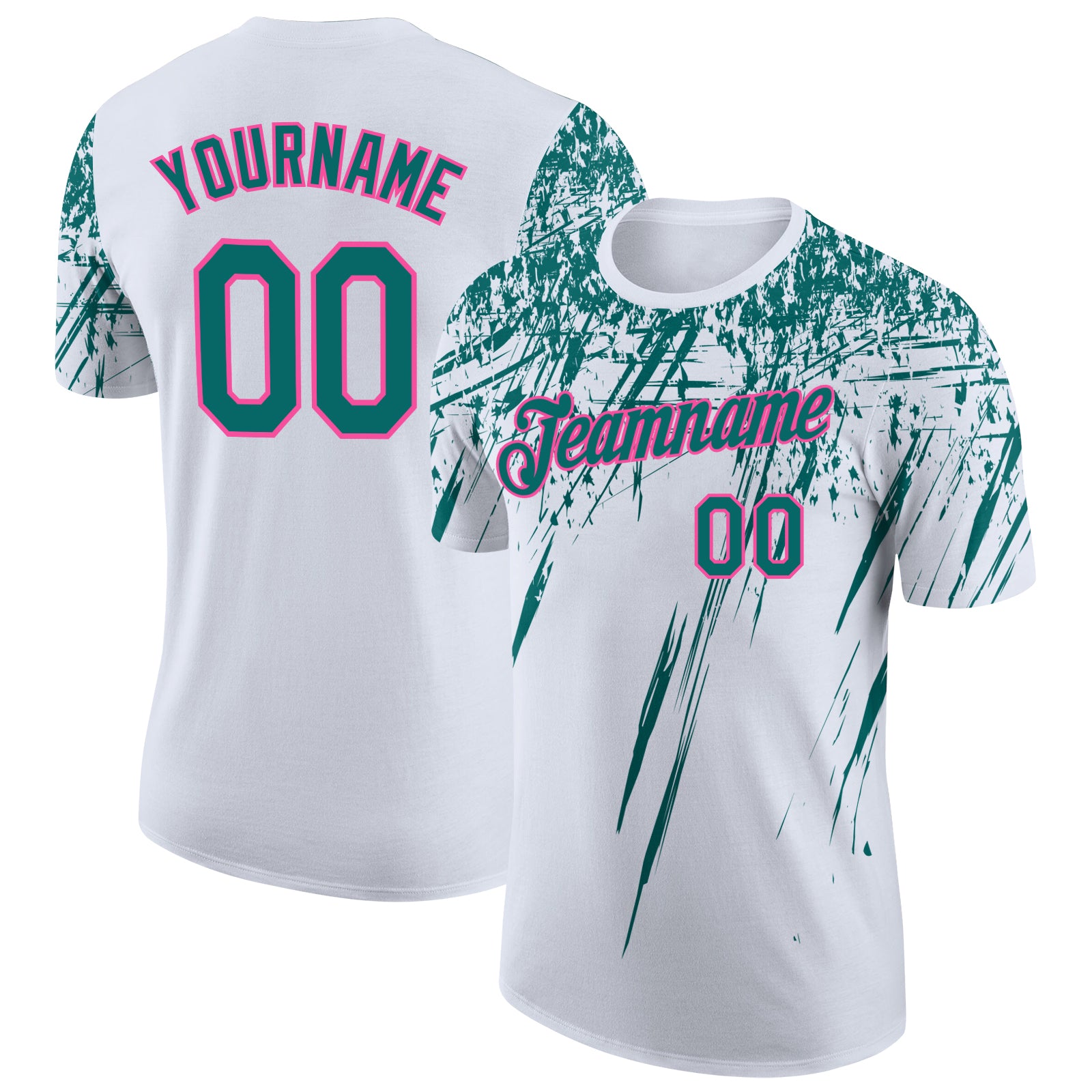 Custom White Teal-Pink Distressed Scratch Brush Stroke Performance T-Shirt