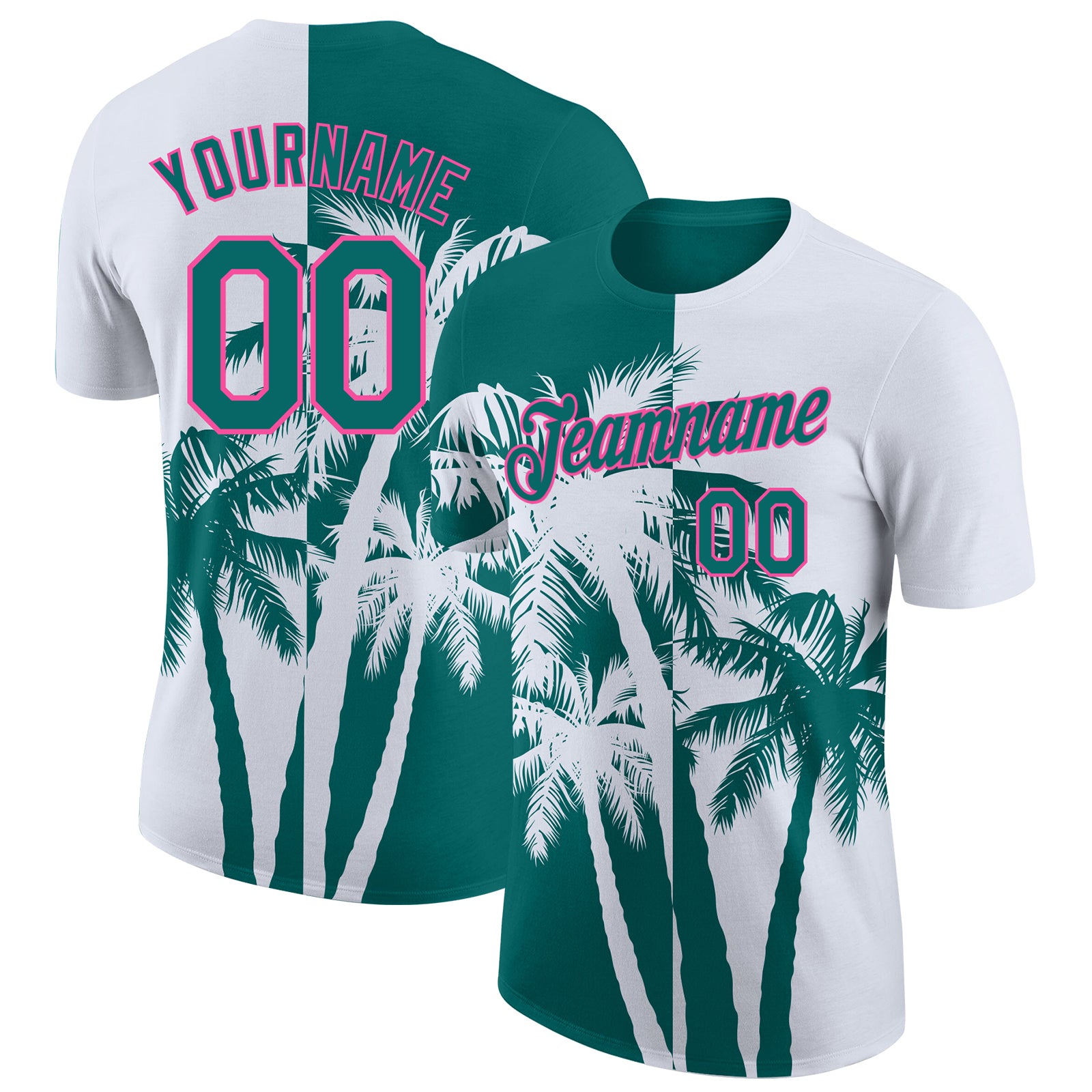 Custom White Teal-Pink Hawaii Tropical Coastal Palm Trees Performance T-Shirt