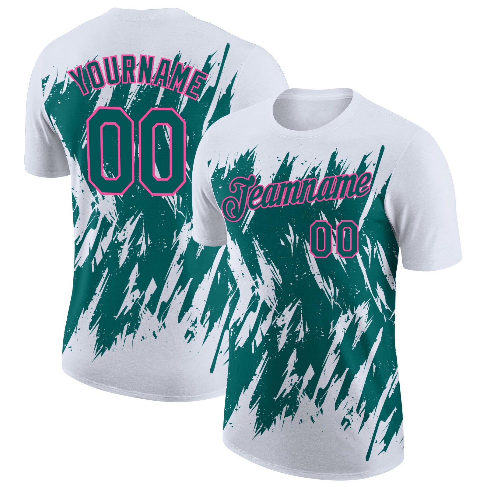 Custom White Teal-Pink Torn Sharp Brush Stroke Splatter Performance T-Shirt