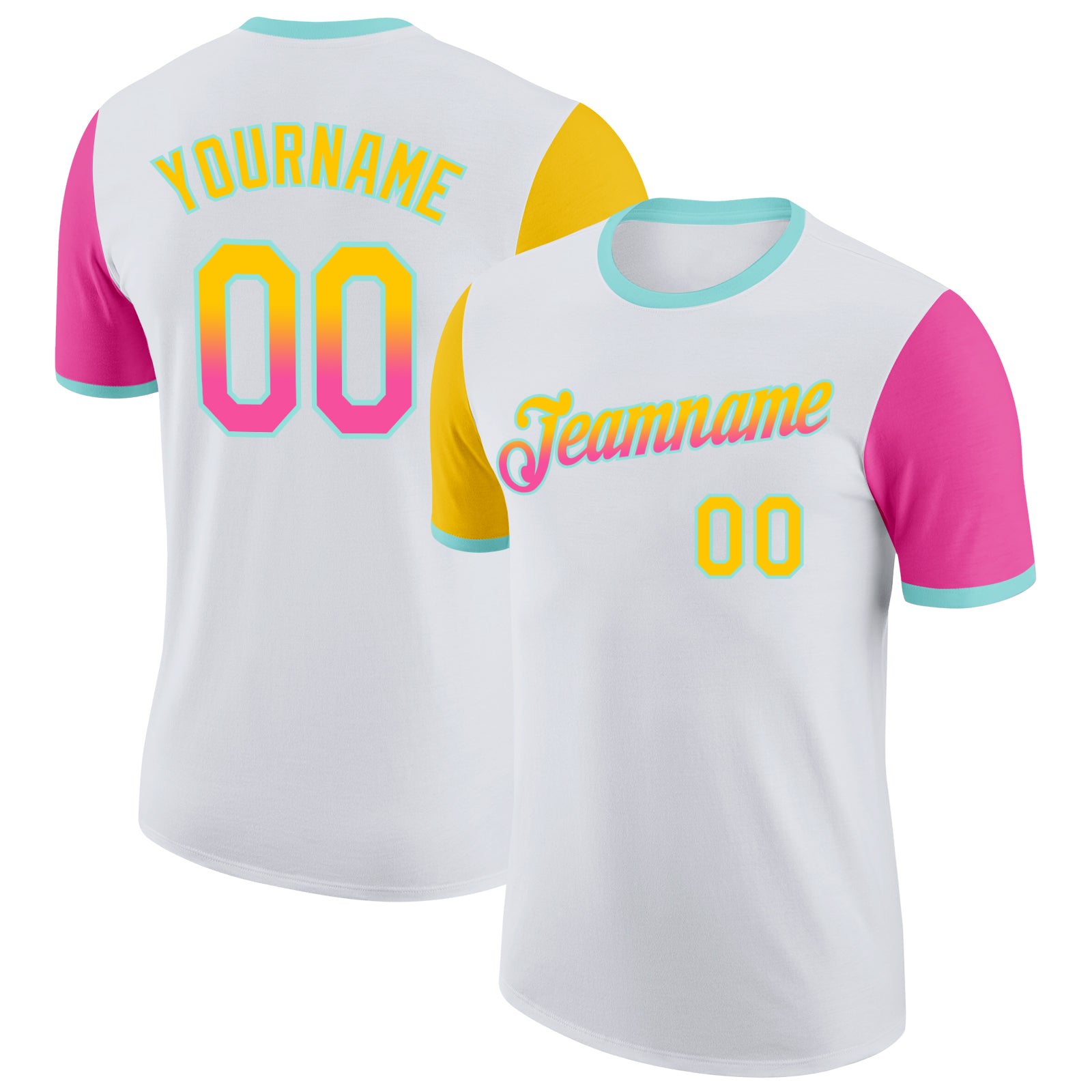 Custom White Yellow Pink-Ice Blue Gradient Two Tone Performance T-Shirt