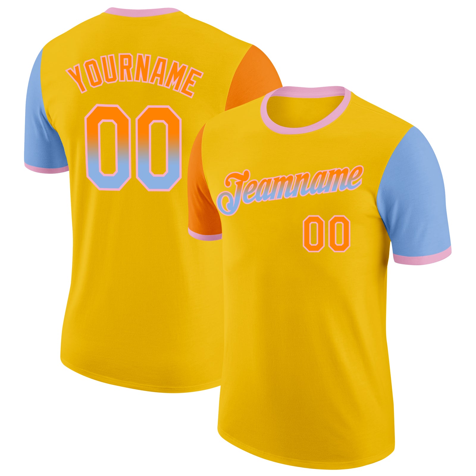 Custom Yellow Bay Orange Light Blue-Light Pink Gradient Two Tone Performance T-Shirt