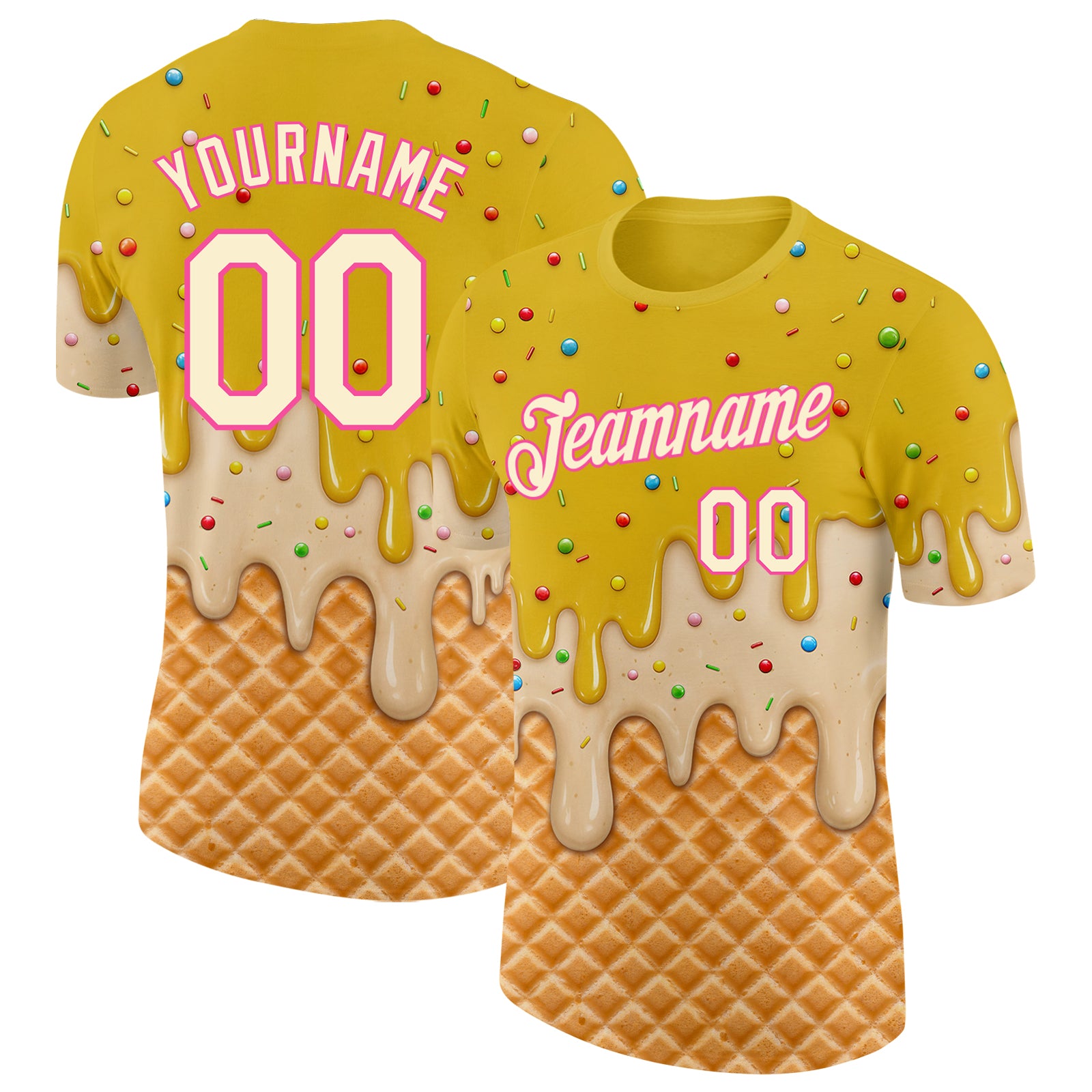 Custom Yellow Cream-Pink Ice Cream Waffle Foodie Dessert Performance T-Shirt