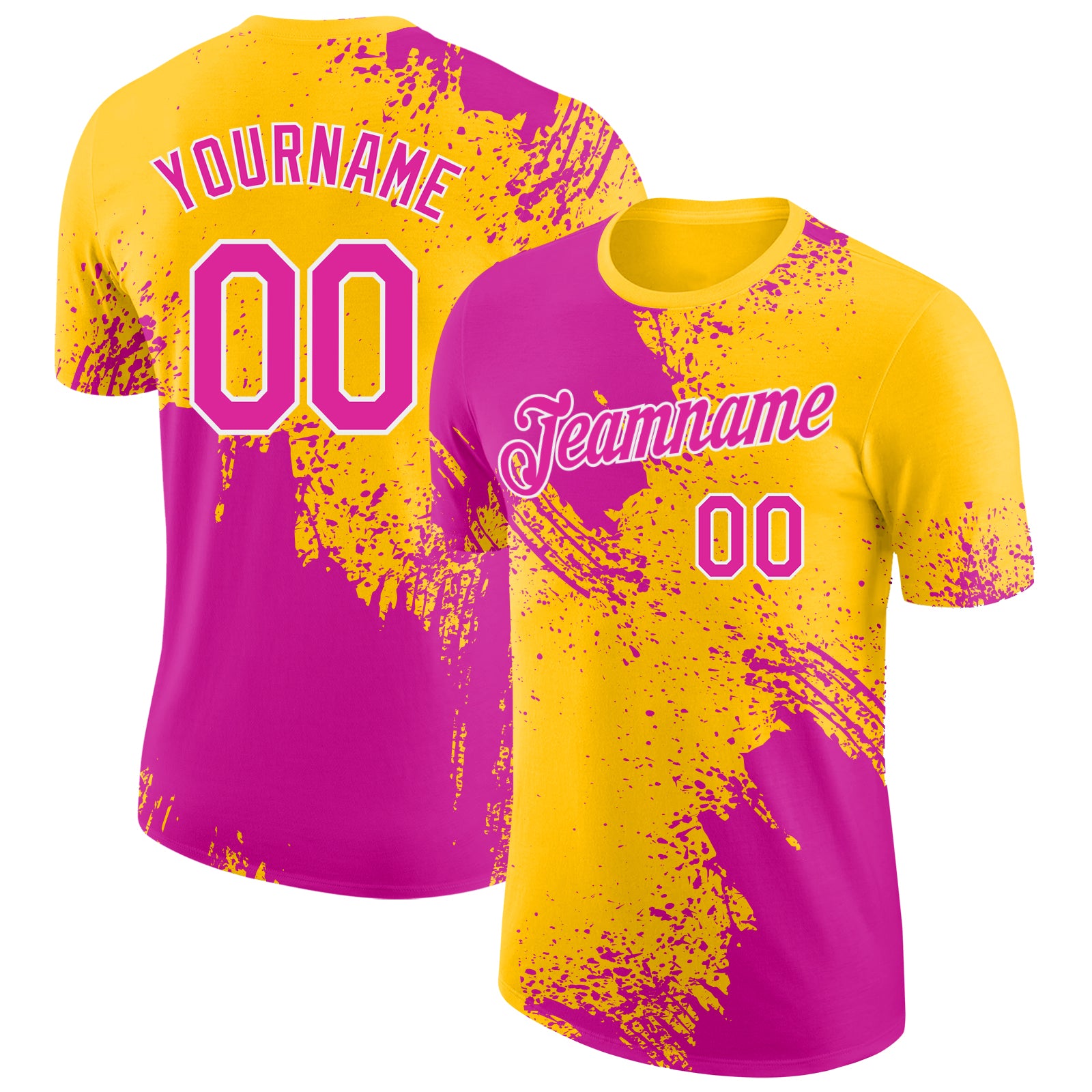 Custom Yellow Deep Pink-White Abstract Brush Stroke Performance T-Shirt