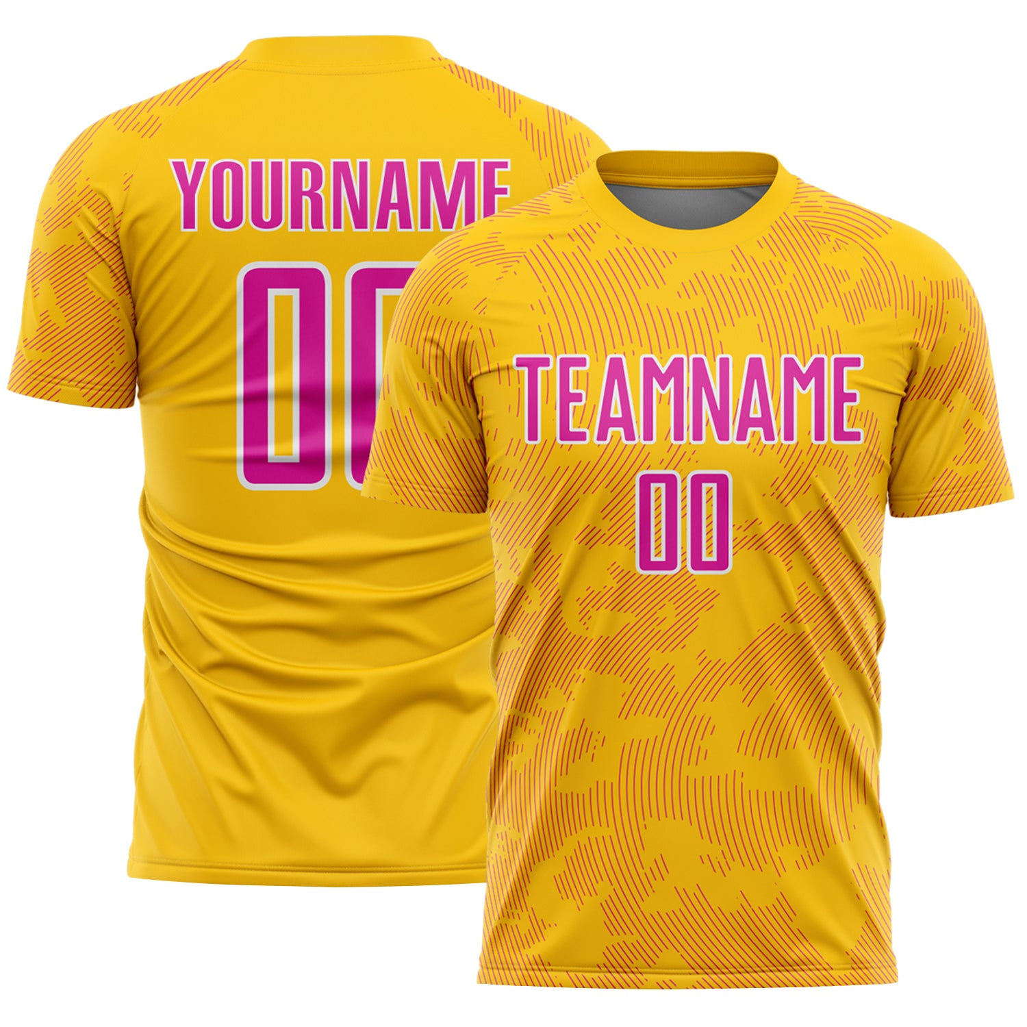Custom Yellow Deep Pink-White Curve Lines Sublimation Soccer Uniform Jersey