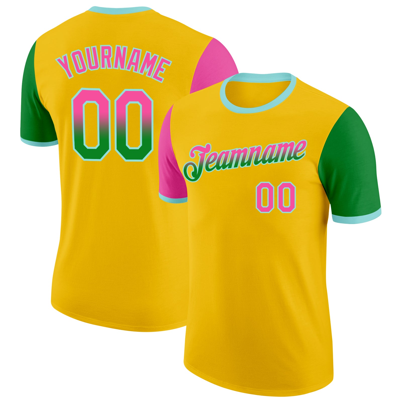 Custom Yellow Pink Grass Green-Ice Blue Gradient Two Tone Performance T-Shirt