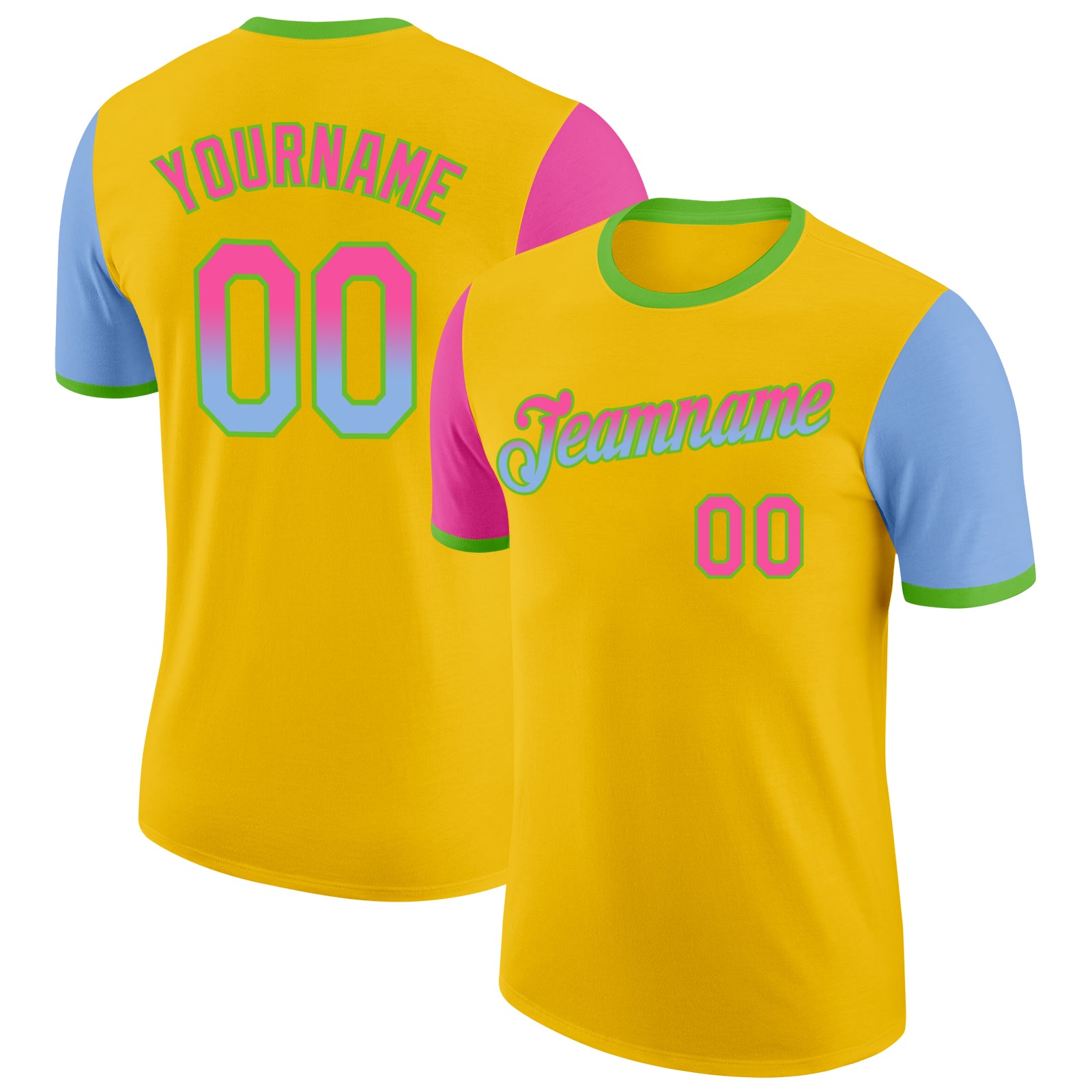 Custom Yellow Pink Light Blue-Aurora Green Gradient Two Tone Performance T-Shirt