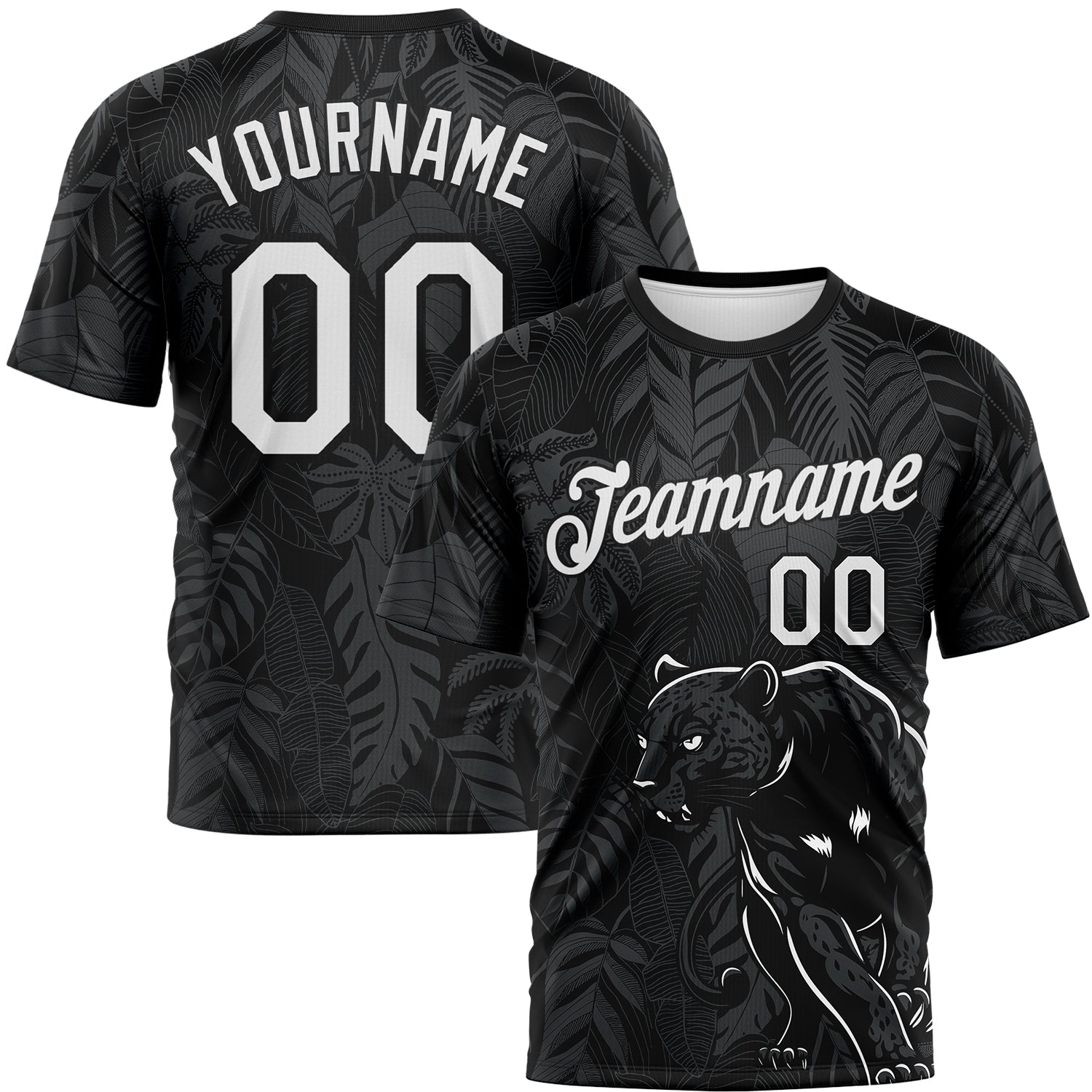Custom Black White-Gray Animal Panther Mascot Tropical Leaves Performance T-Shirt