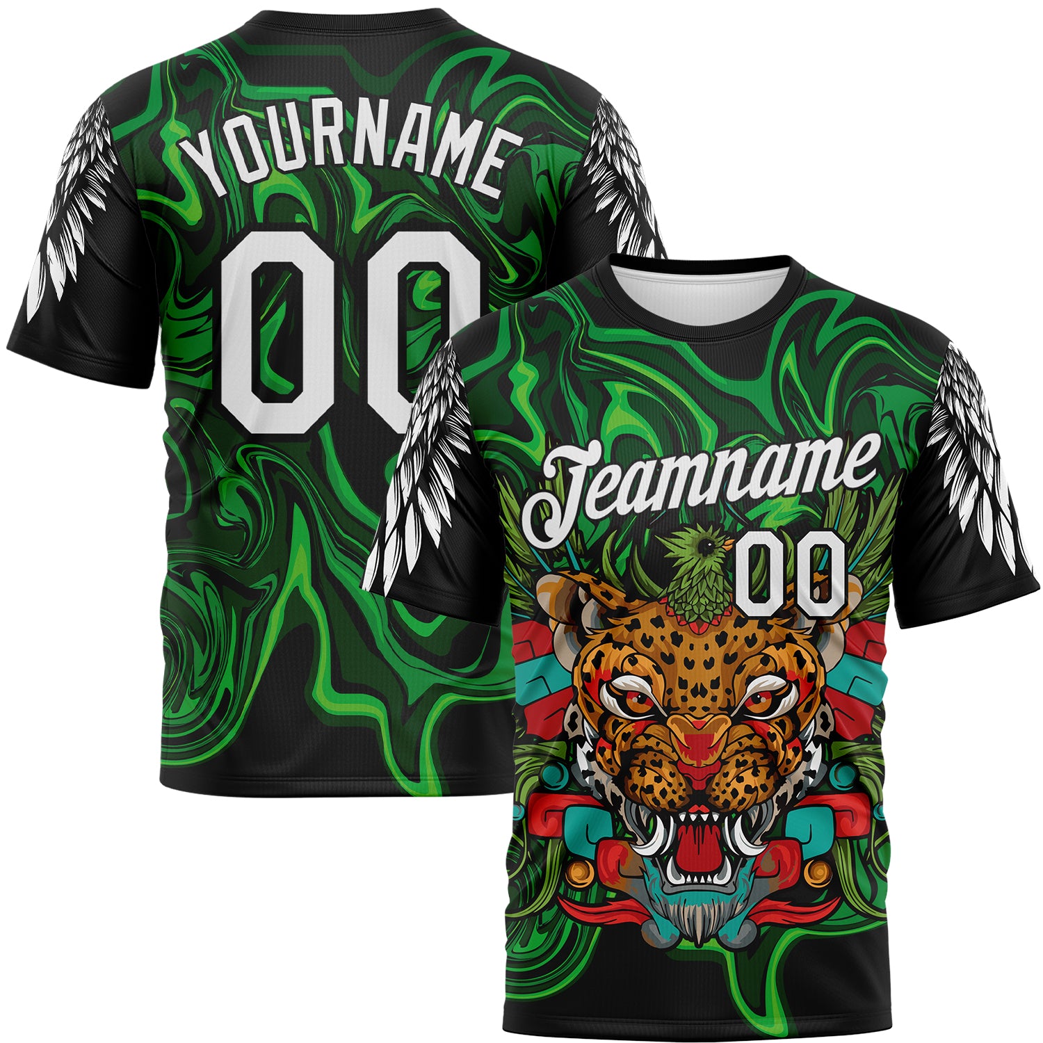 Custom Black White-Green Animal Jaguar Mascot Ethnic Tribal Performance T-Shirt