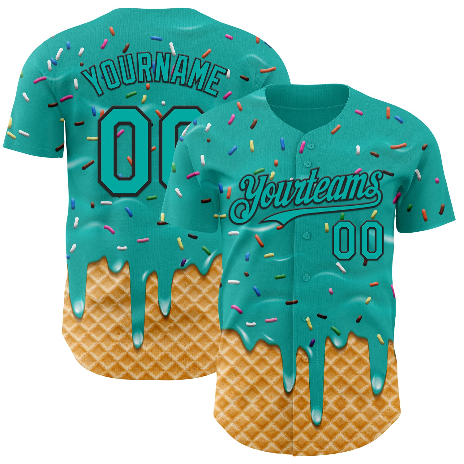 Custom Aqua-Black Ice Cream Waffle Foodie Dessert Authentic Baseball Jersey