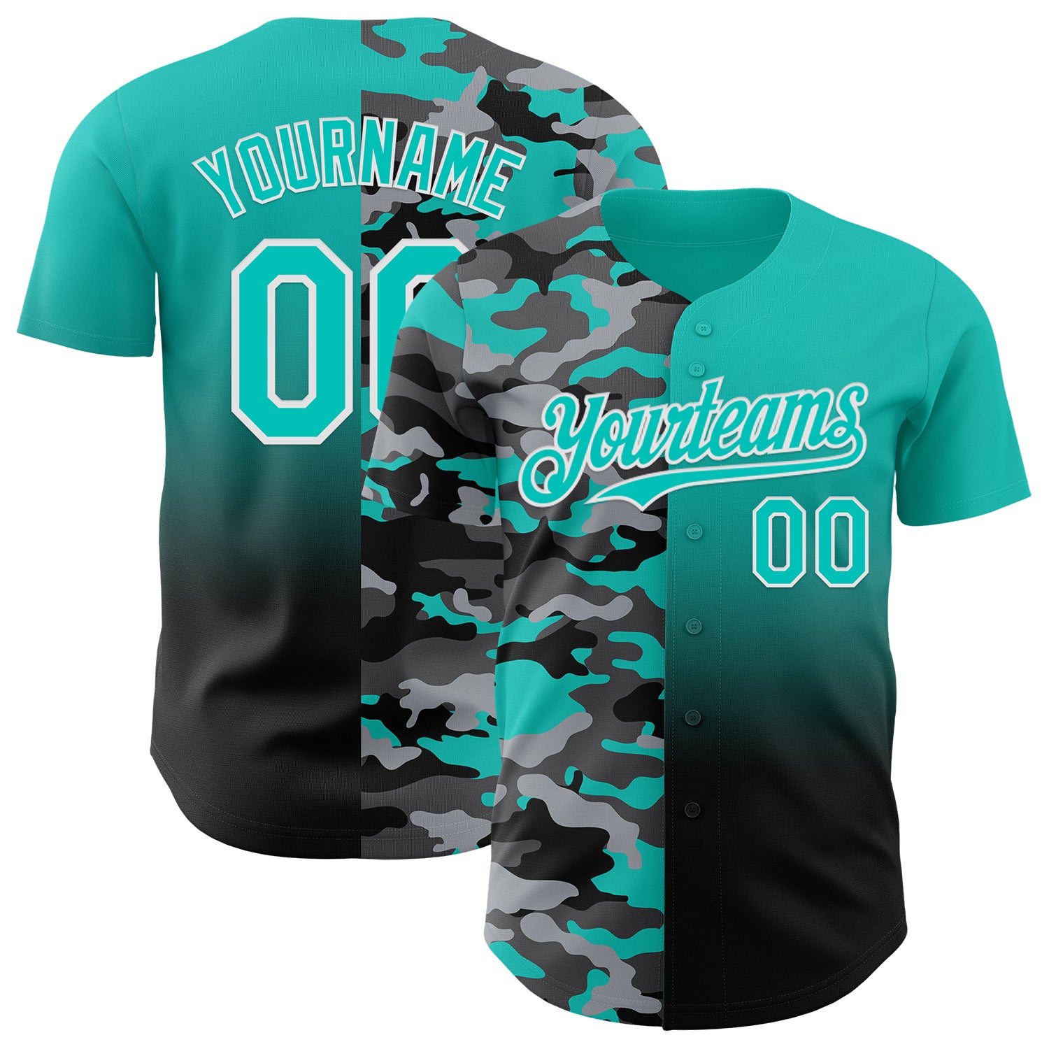 Custom Aqua Black-White Half Camo Ombre Authentic Baseball Jersey