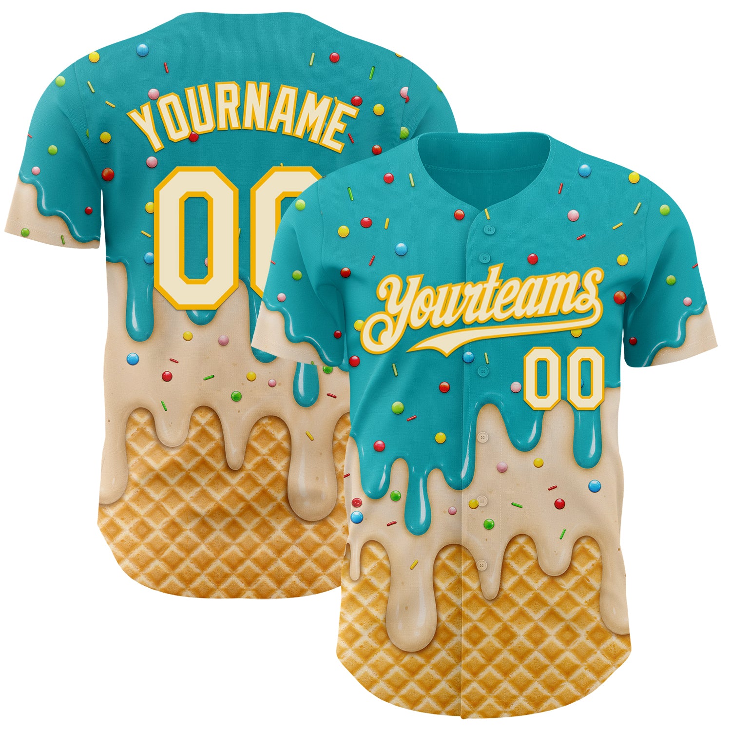 Custom Aqua Cream-Gold Ice Cream Waffle Foodie Dessert Authentic Baseball Jersey