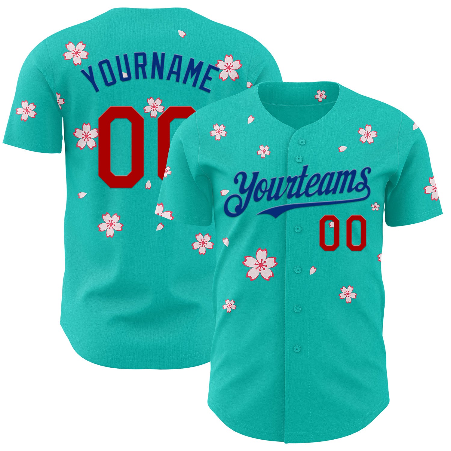 Custom Aqua Red-Royal Cherry Blossoms Sakura Authentic Baseball Jersey