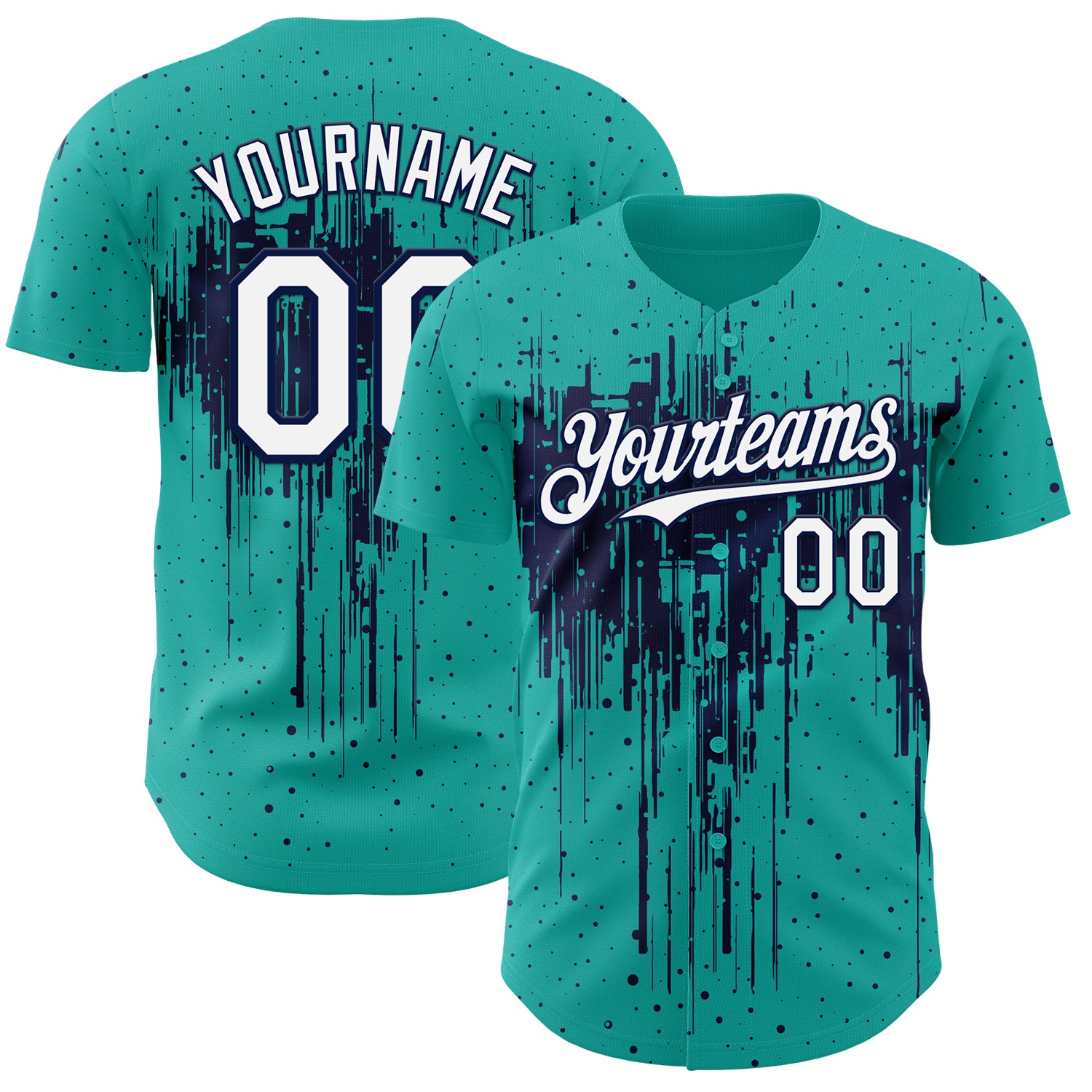 Custom Aqua White-Navy 3D Pattern Design Dripping Splatter Paint Authentic Baseball Jersey