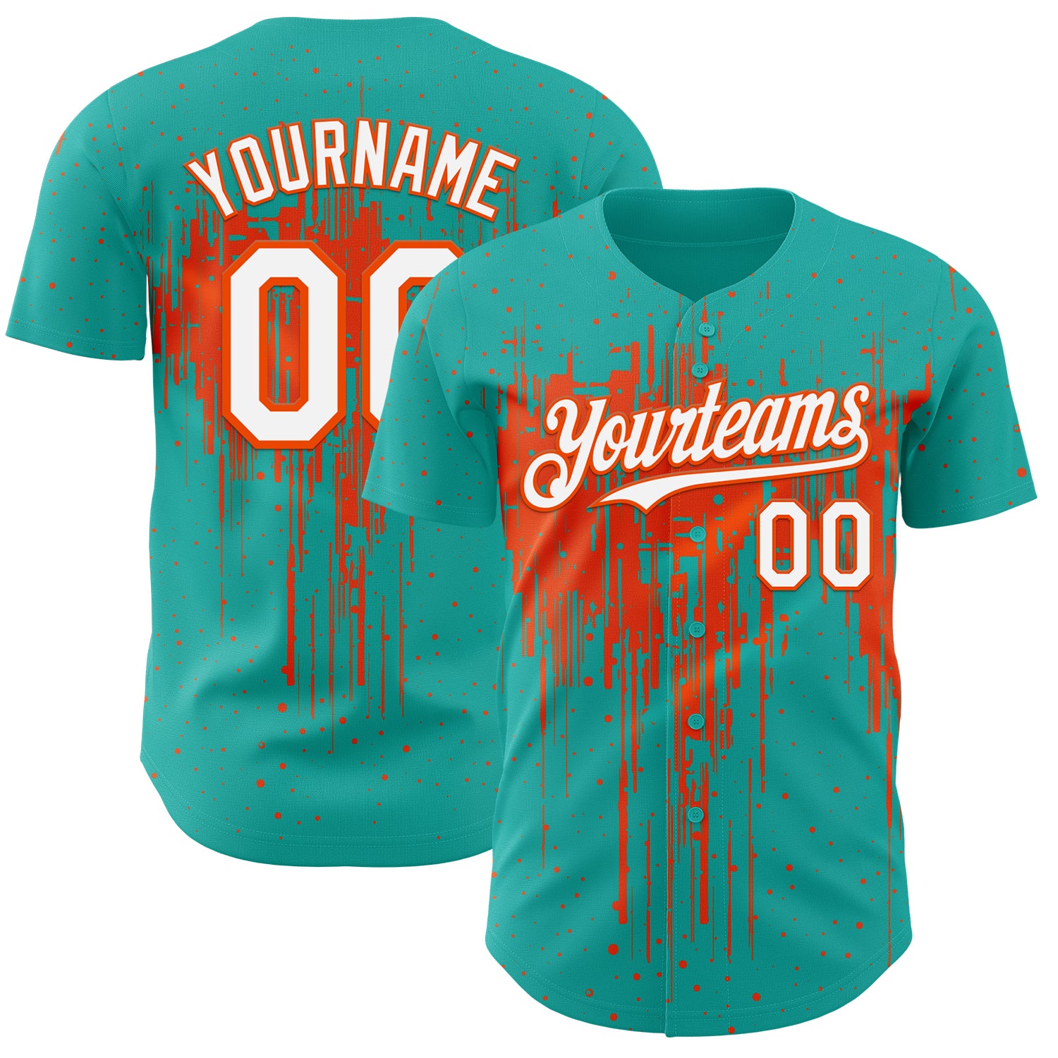 Custom Aqua White-Orange 3D Pattern Design Dripping Splatter Paint Authentic Baseball Jersey