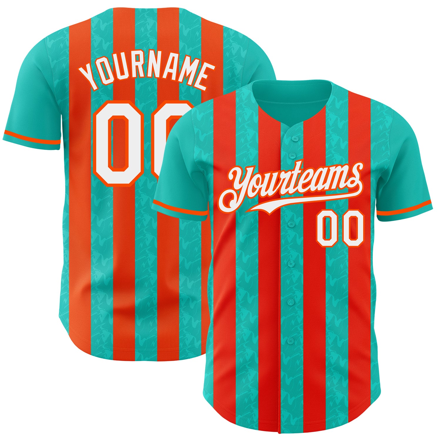 Custom Aqua White-Orange Classic Vertical Stripe Fluid Liquid Texture Authentic Baseball Jersey