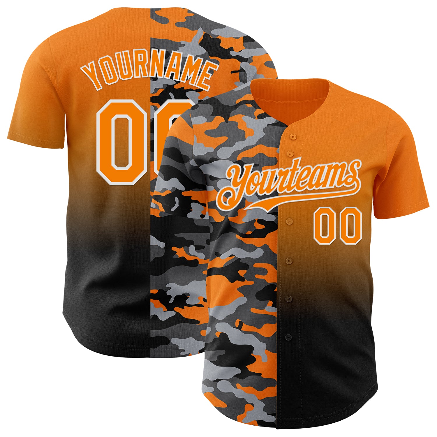 Custom Bay Orange Black-White Half Camo Ombre Authentic Baseball Jersey