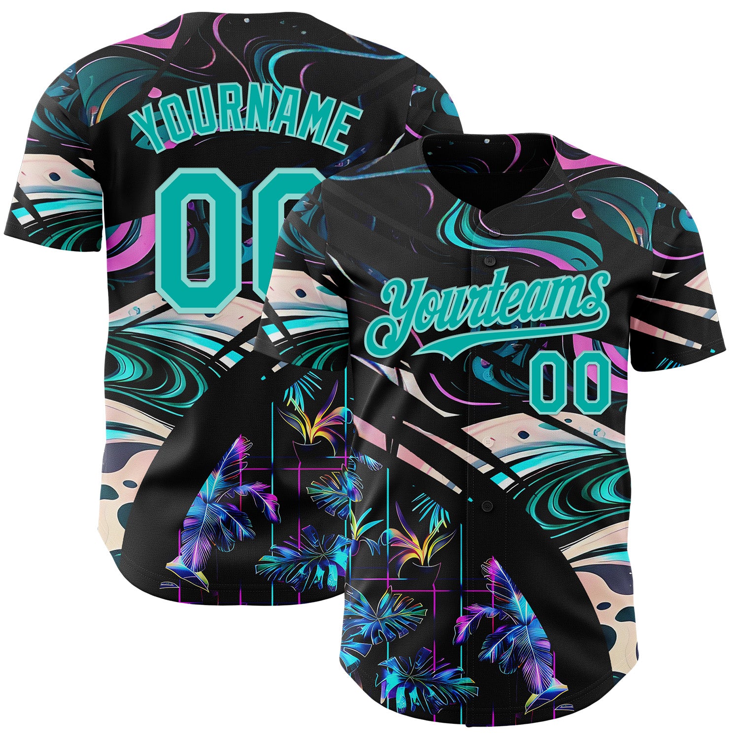 Custom Black Aqua-Ice Blue Cyber Tropical Palm Trees Music Festival Fluid Liquid Authentic Baseball Jersey