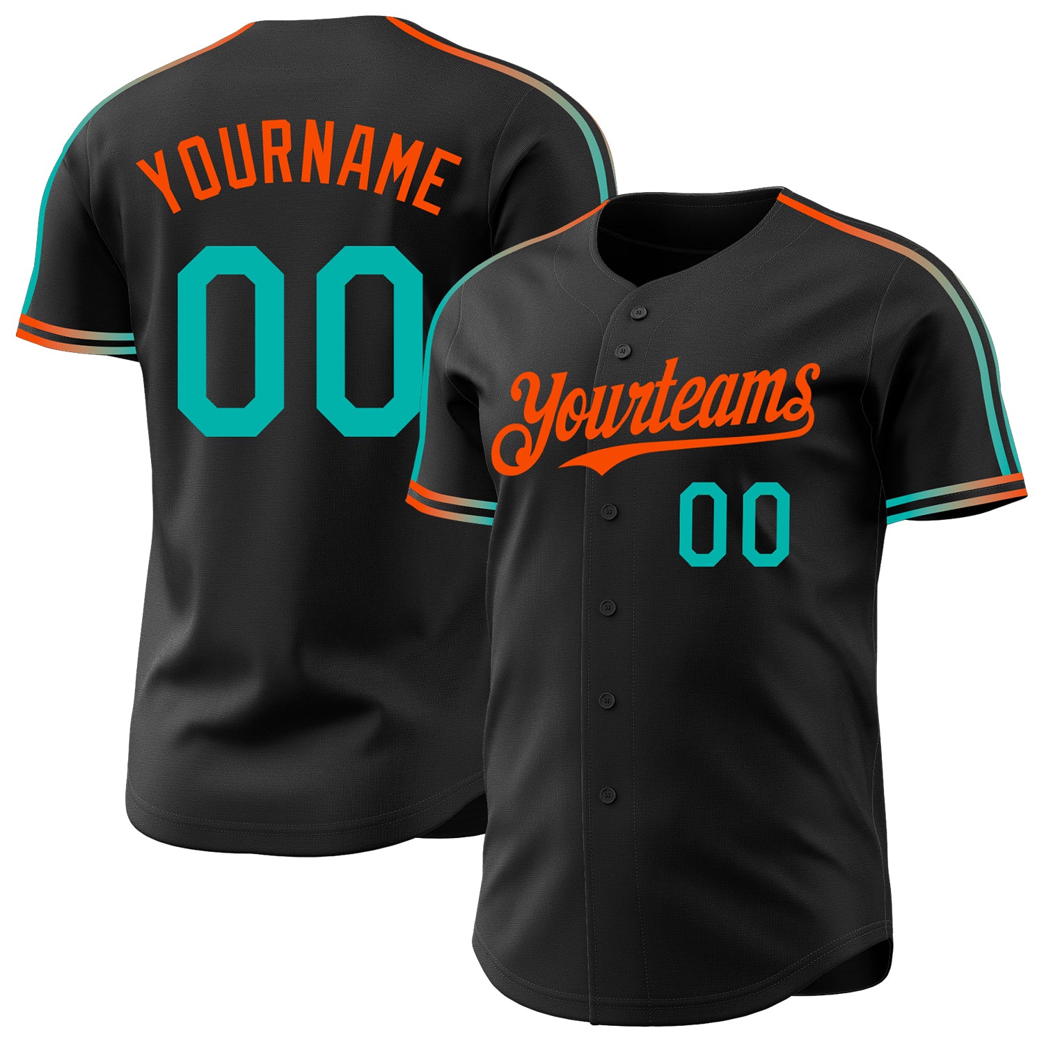 Custom Black Aqua-Orange Raglan Line Gradient Stripe Authentic Baseball Jersey
