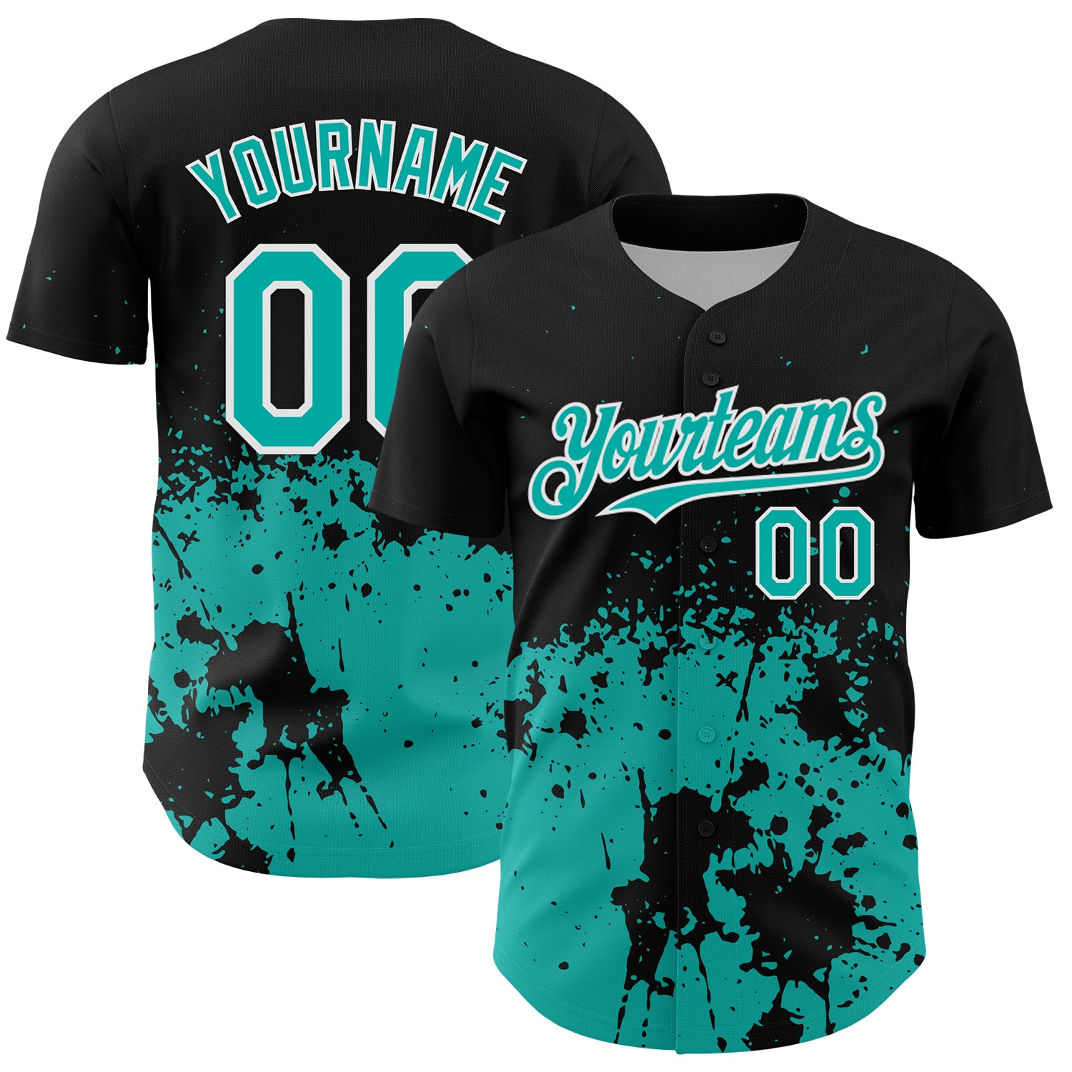 Custom Black Aqua-White Abstract Splatter Grunge Authentic Baseball Jersey