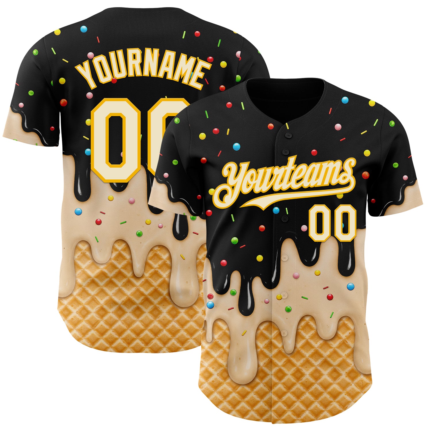 Custom Black Cream-Gold Ice Cream Waffle Foodie Dessert Authentic Baseball Jersey
