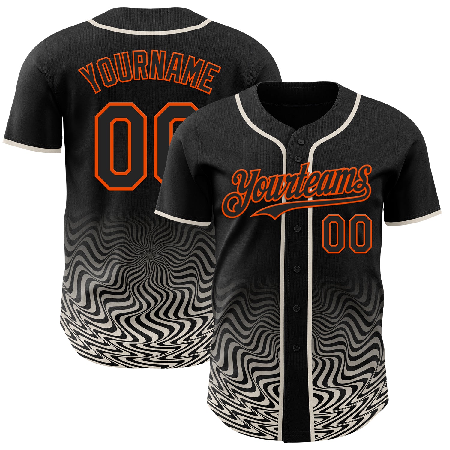 Custom Black Cream-Orange Fluid Wave Psychedelic Swirl Authentic Baseball Jersey