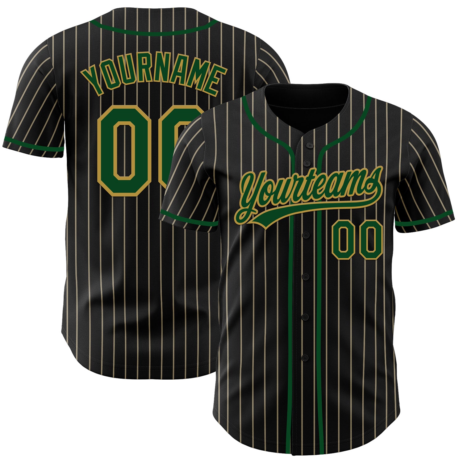 Custom Black Cream Pinstripe Green-Old Gold Authentic Baseball Jersey