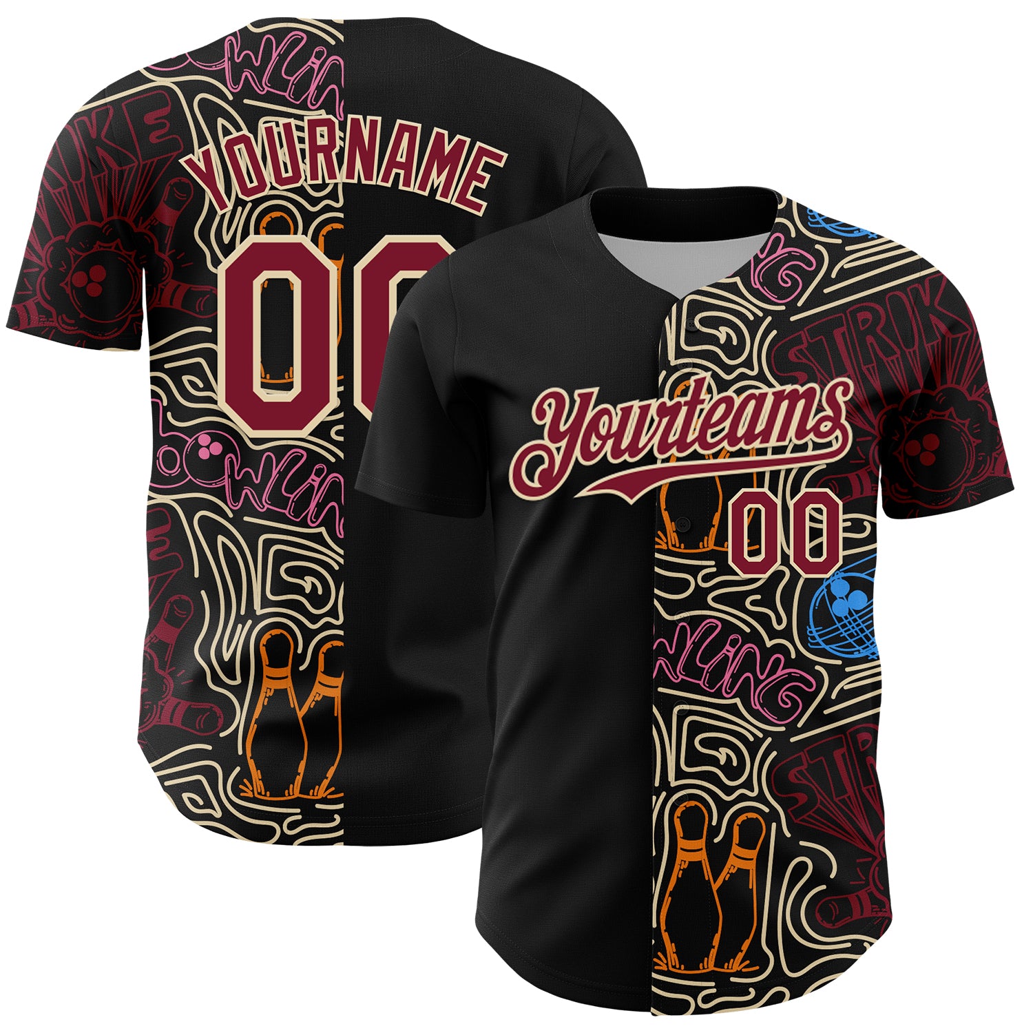 Custom Black Crimson-Cream Bowling Doodle Split Authentic Baseball Jersey